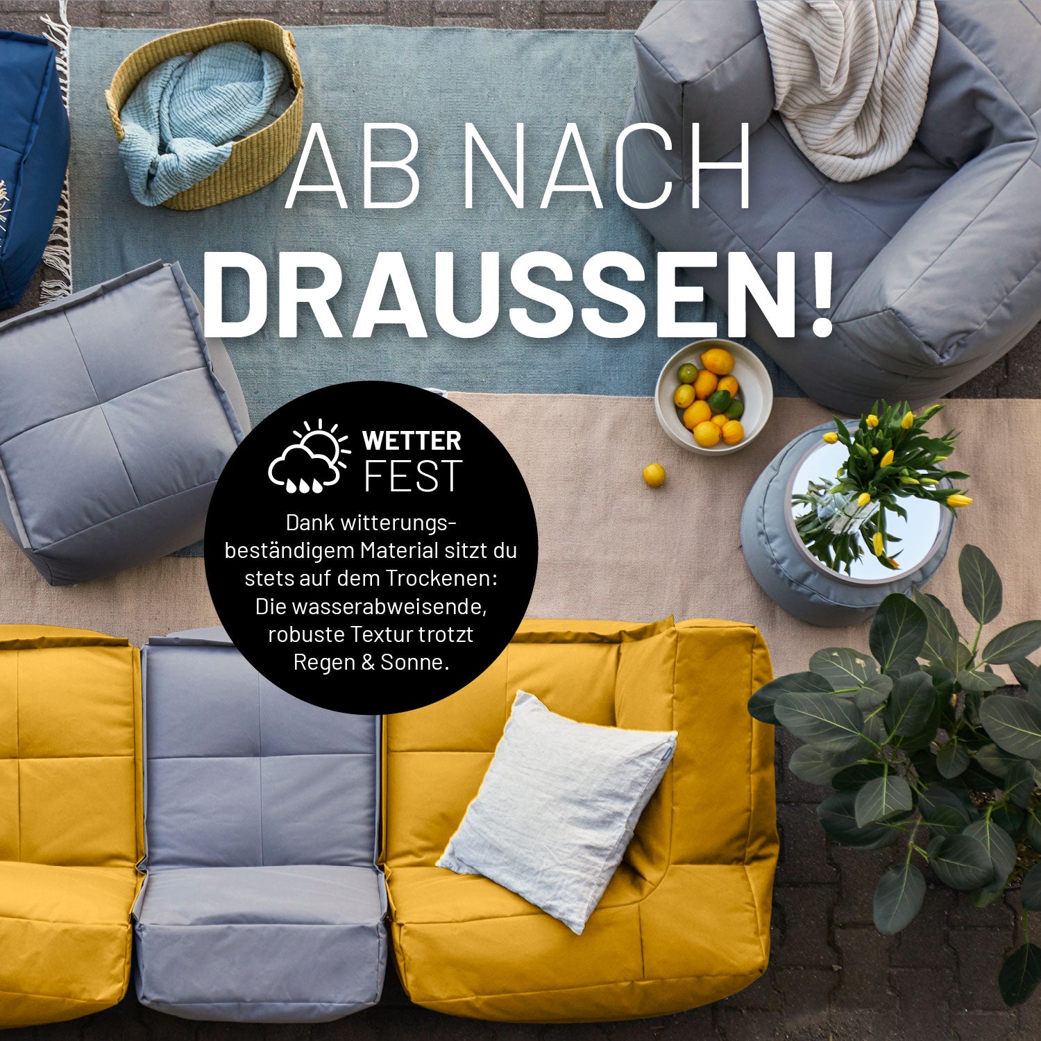 Sitzsack-Sofa Ecke (340 L) - Modulares System - indoor & outdoor - Senfgelb mit wetterfestem, wasserabweisendem Material für draußen und drinnen