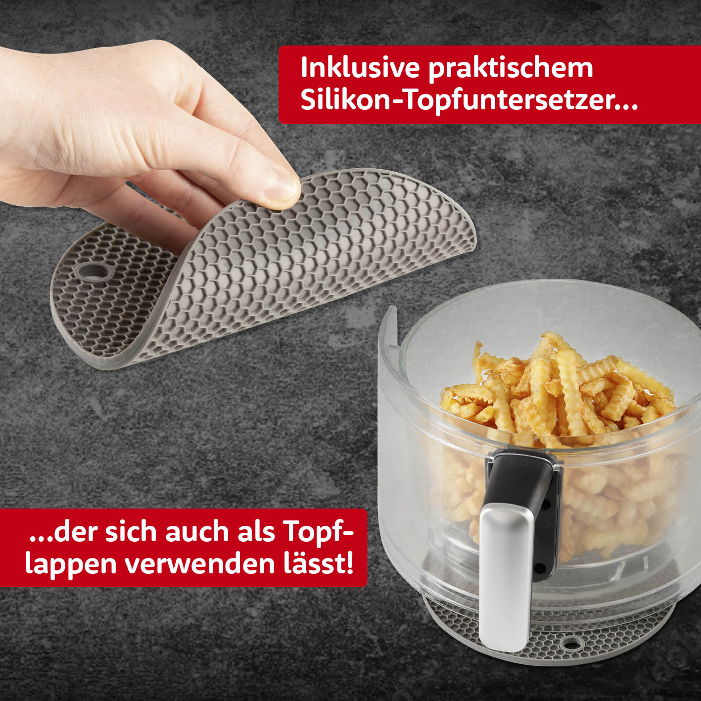 Heißluft-Fritteuse Digital mit Glas-Garkorb - 3,3 l - schwarz mit praktischem Silikon-Topfuntersetzer und Fries im Glas-Garkorb.