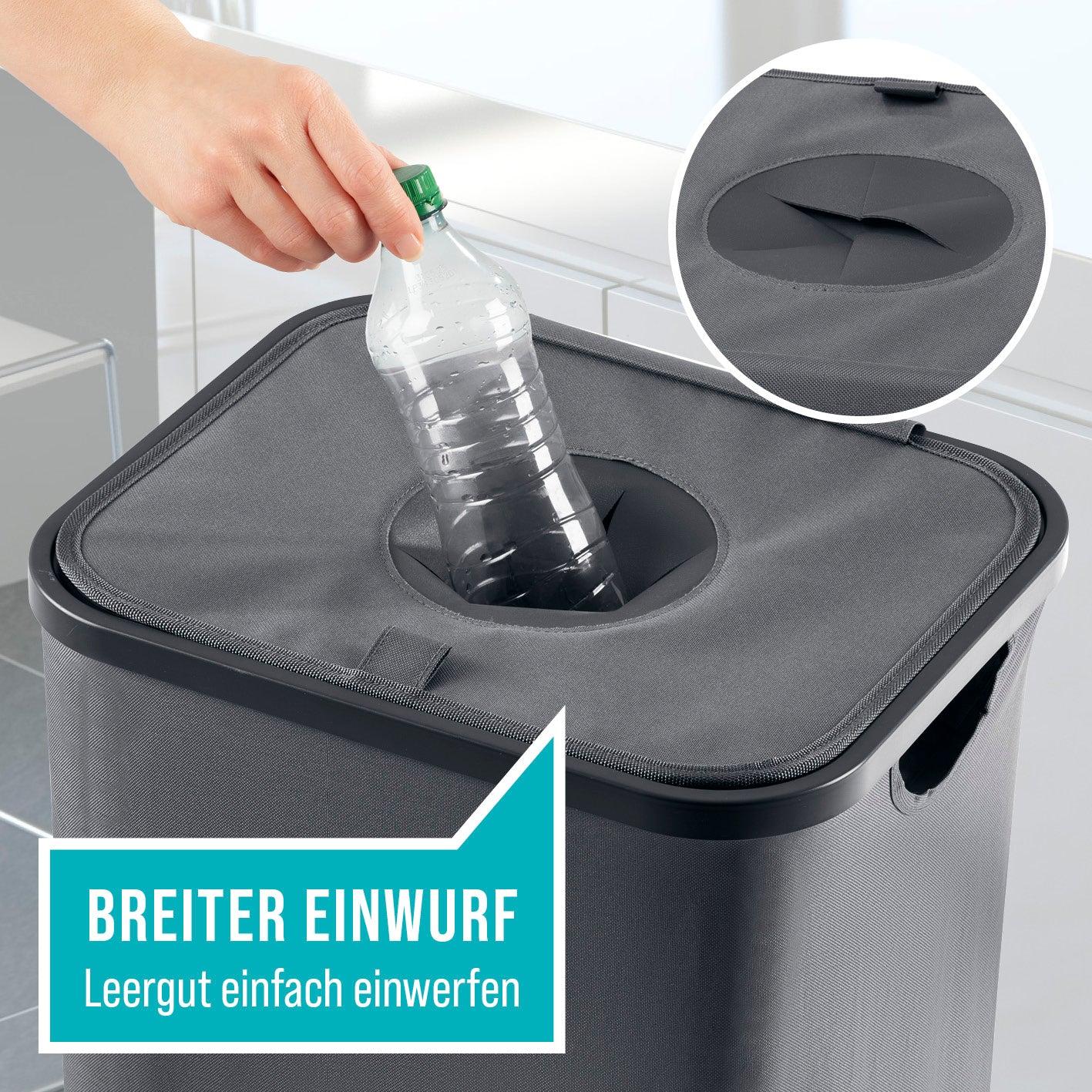 Pfandflaschen-Sammelbehälter - Anthrazit mit wasserabweisendem Stoff und breiter Deckelöffnung für einfaches Einwerfen von Flaschen.