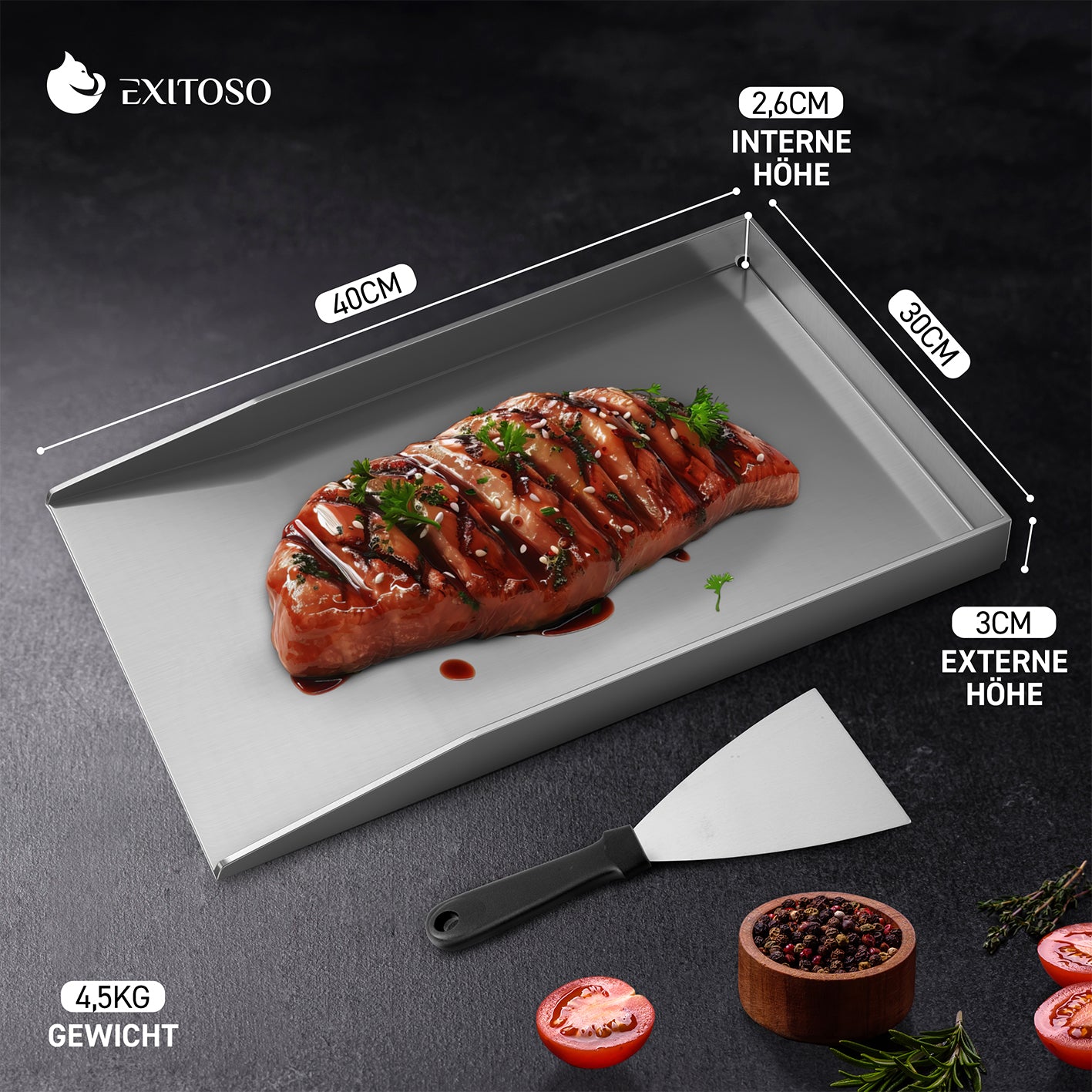 Grillplatte + Grillspachtel - Edelstahl - Universalgröße, hochwertige, rostfreie Grillplatte mit Spachtel und integriertem Fettabflusssystem.