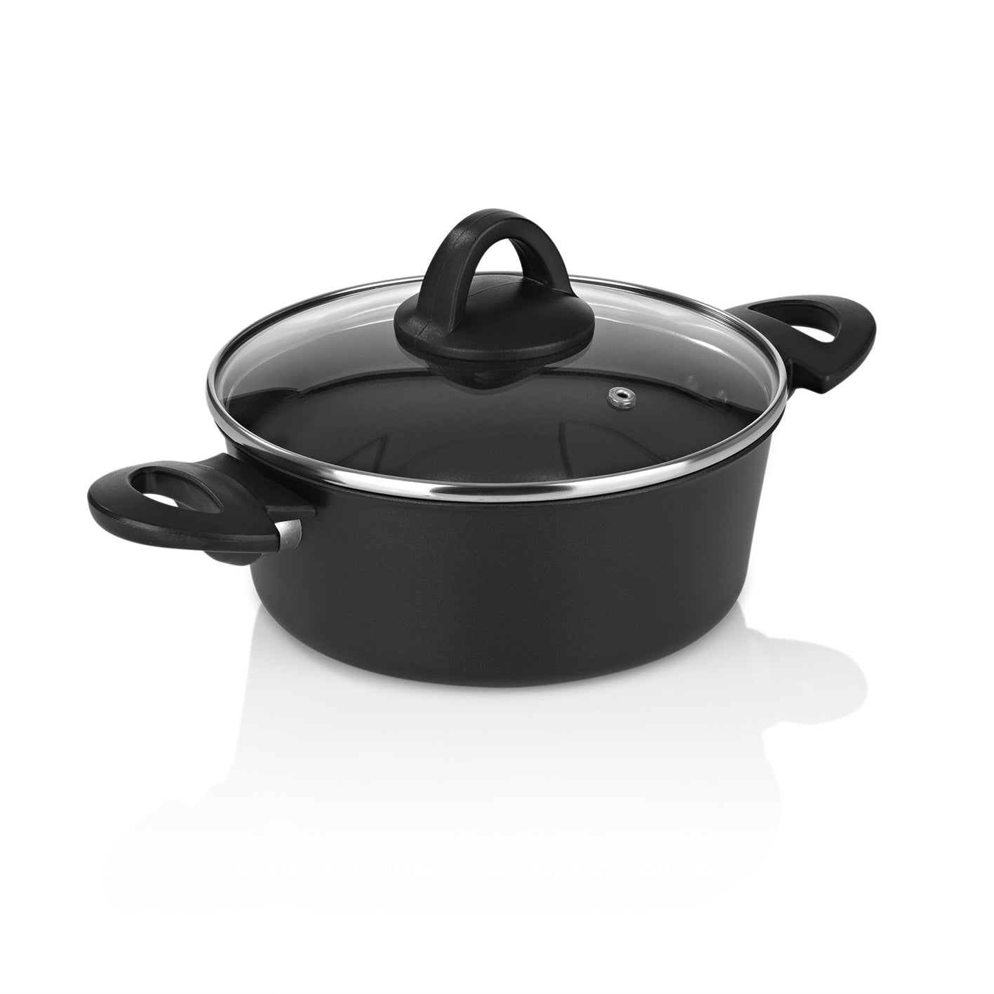 Aluminium-Kochtopf geschmiedet - 20 cm - schwarz mit Glasdeckel, Cool-Touch-Griffen, kratzunempfindlich und für alle Herdarten geeignet.