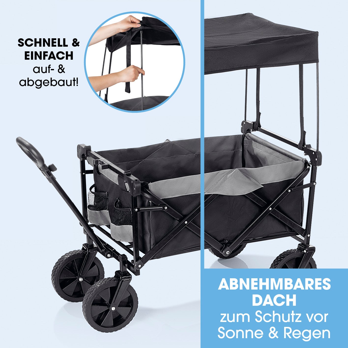 Bollerwagen mit Dach - faltbar anthrazit/schwarz mit abnehmbarem Dach, 360° drehbaren Rädern und ausziehbarem Teleskopgriff.