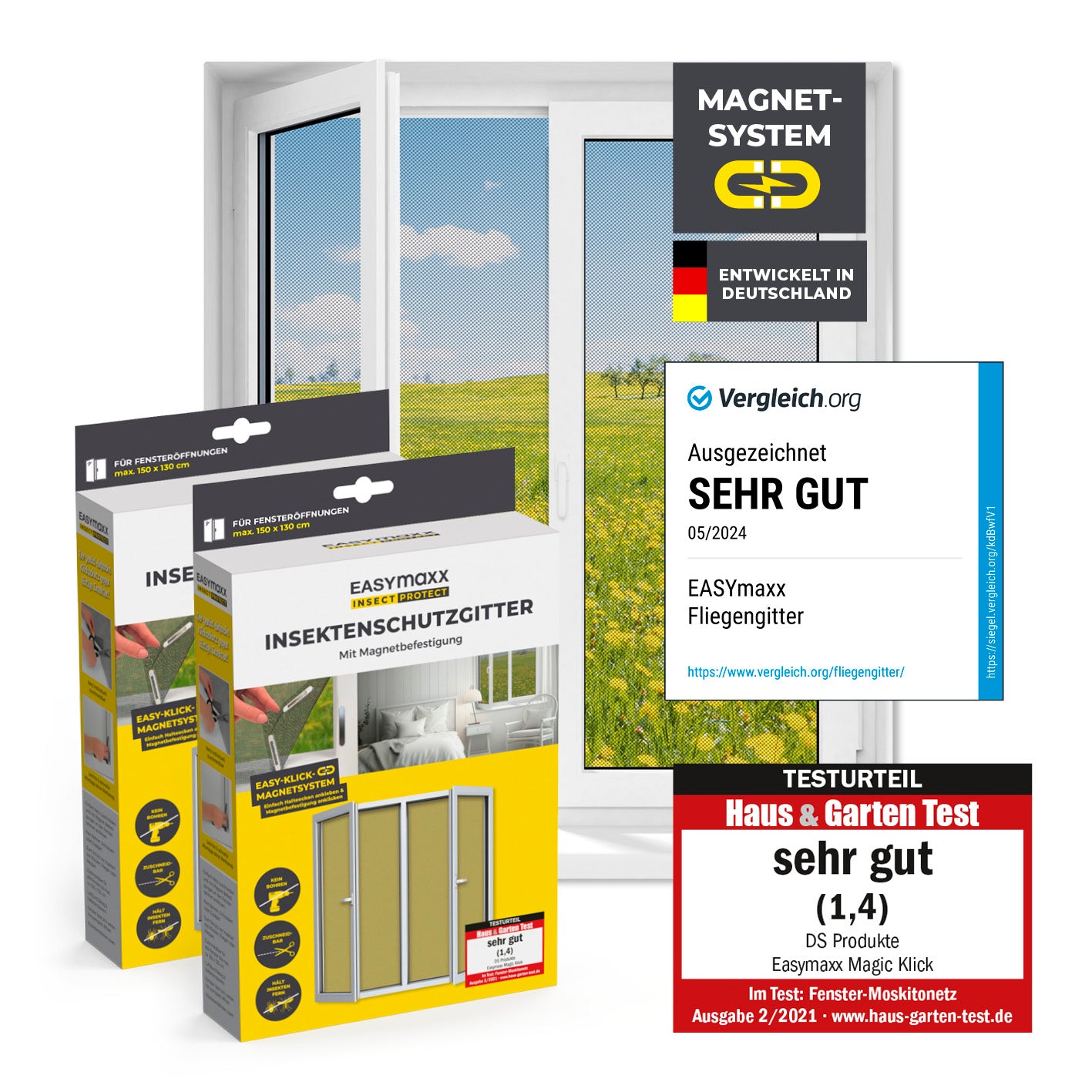 Insektenschutzgitter mit Magnetbefestigung - 2er-Set zum einfachen Schutz vor Insekten, schnelle Montage ohne Bohren, klare Sicht nach draußen.