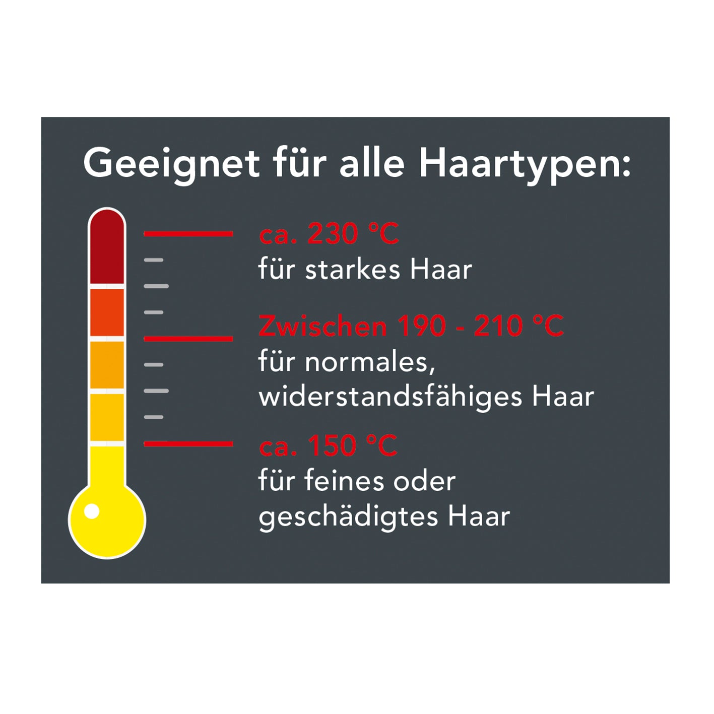 Hair Styler Curl & Straight zeigt empfohlene Temperaturstufen für alle Haartypen von 150 °C bis 230 °C für optimales Styling.