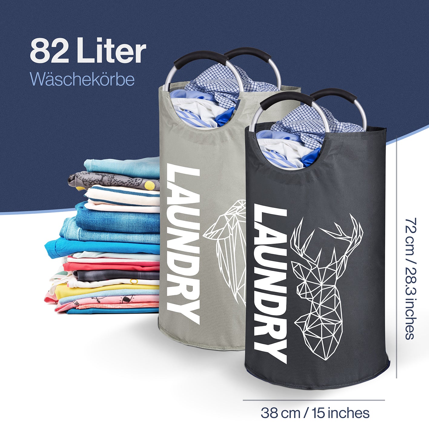Faltbarer Wäschekorb - 2er-Set - Motiv Wolf & Hirsch, 82 Liter, wasserabweisend, platzsparend, mit robusten Henkeln.
