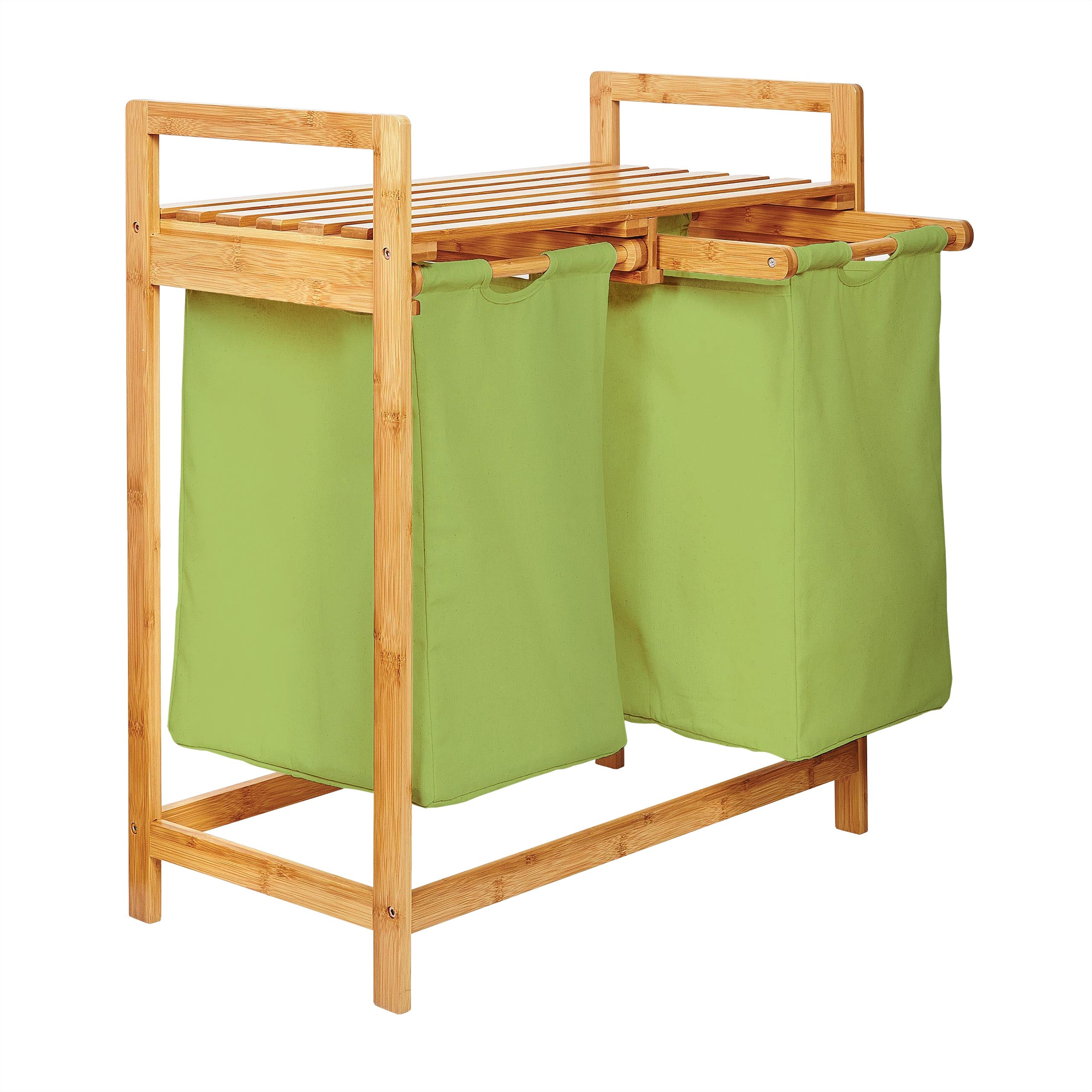 Bambus Wäschekorb mit 2 ausziehbaren Wäschesacken - 73 x 64 x 33 cm - Grün