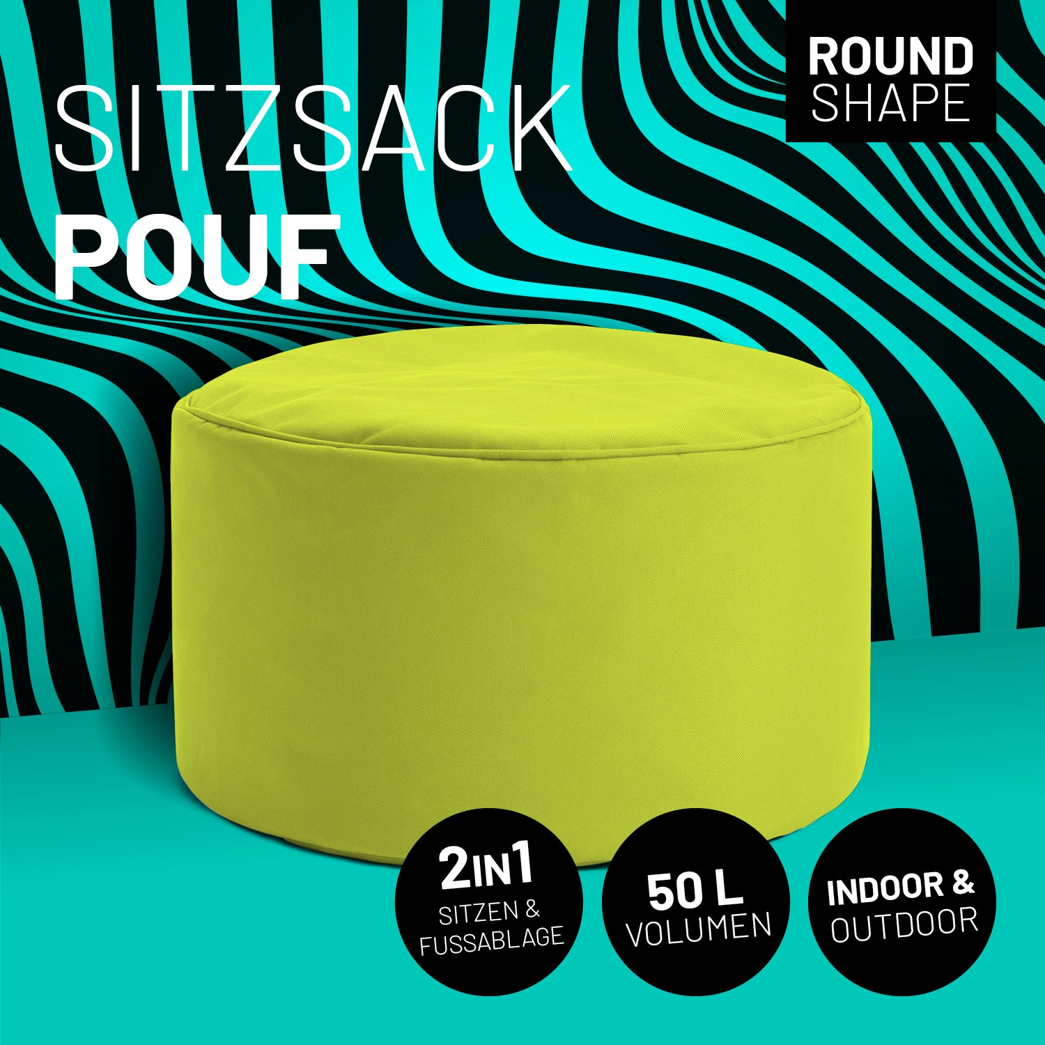 Sitzsack-Hocker/Pouf (50 L) in Apfelgrün, multifunktional für innen & außen, leicht, robust und pflegeleicht.
