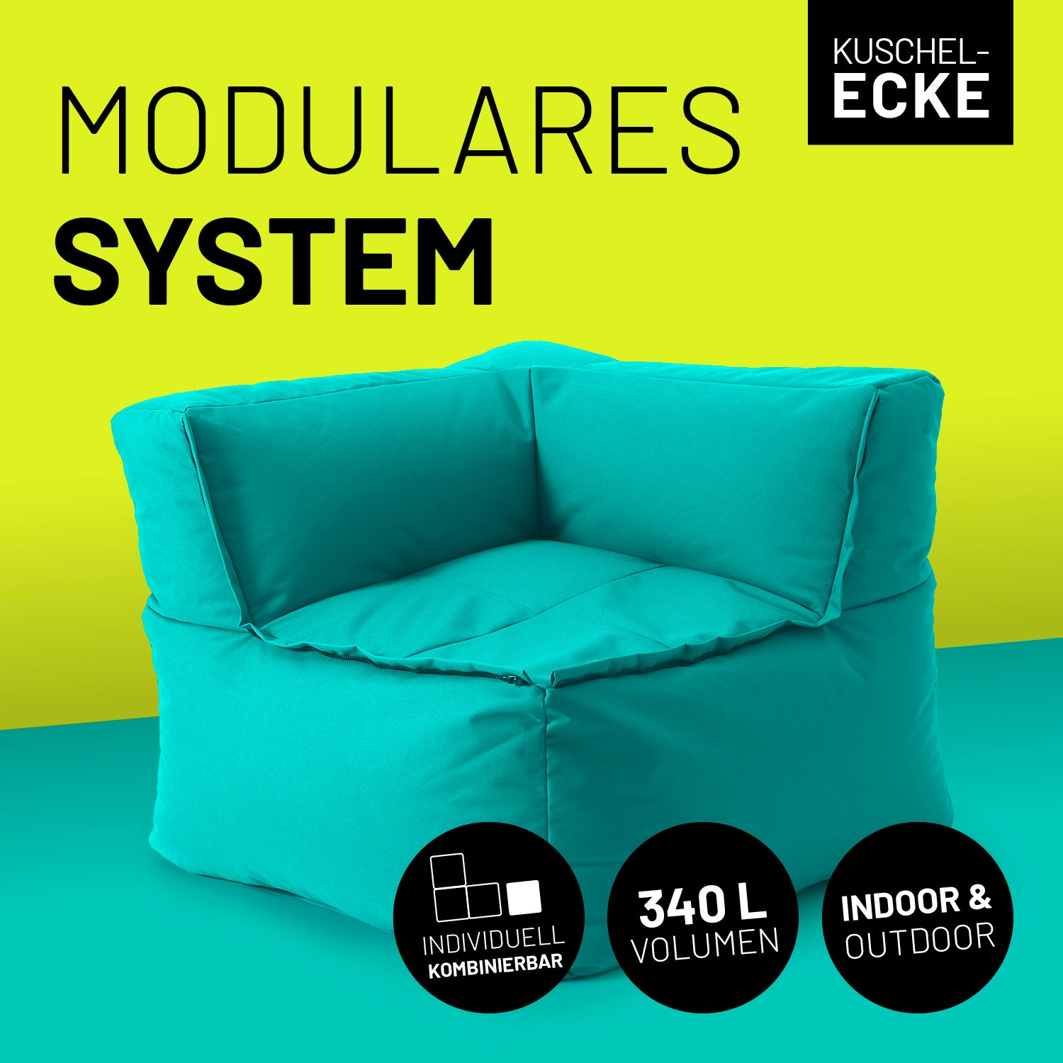Sitzsack-Sofa Ecke (340 L) - Modulares System, türkis, extrastark, indoor & outdoor, pflegeleicht, mit Mix-&-Fix-Reißverschluss.