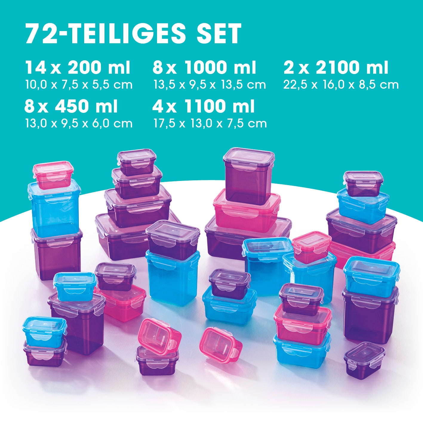 Frischhaltedosen Klick-it 72-tlg. lila/pink/türkis mit 4-fach-Klick-Verschluss, stapelbar, spülmaschinenfest, mikrowellengeeignet.
