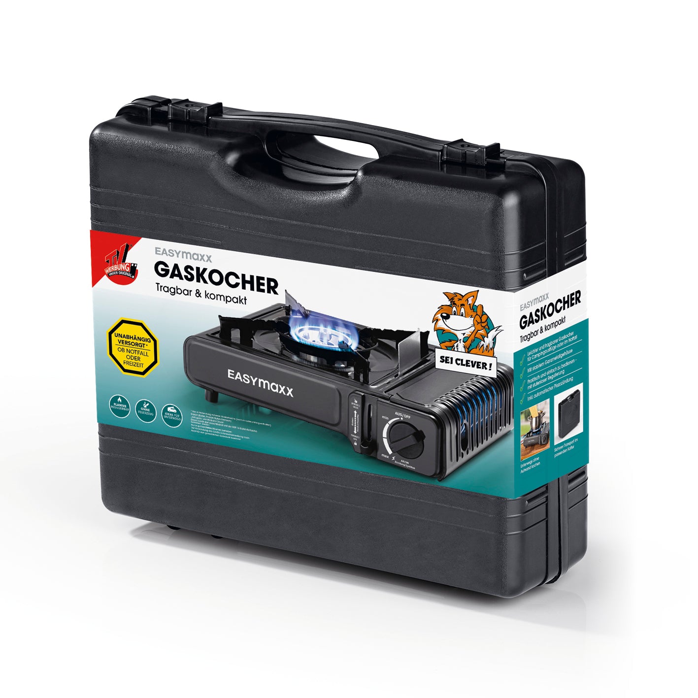 Gaskocher tragbar 2500W - Schwarz mit stabilem Metallgehäuse, Piezozündung und stufenloser Regulierung, ideal für Camping und Notfälle.
