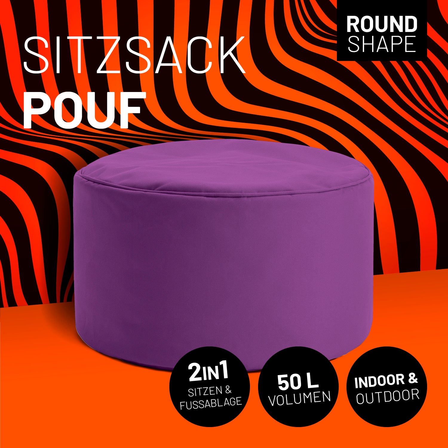 Sitzsack-Hocker/Pouf (50 L) - lila, multifunktional für indoor & outdoor, leicht, langlebig, mit hochwertiger EPS-Füllung aus Deutschland.