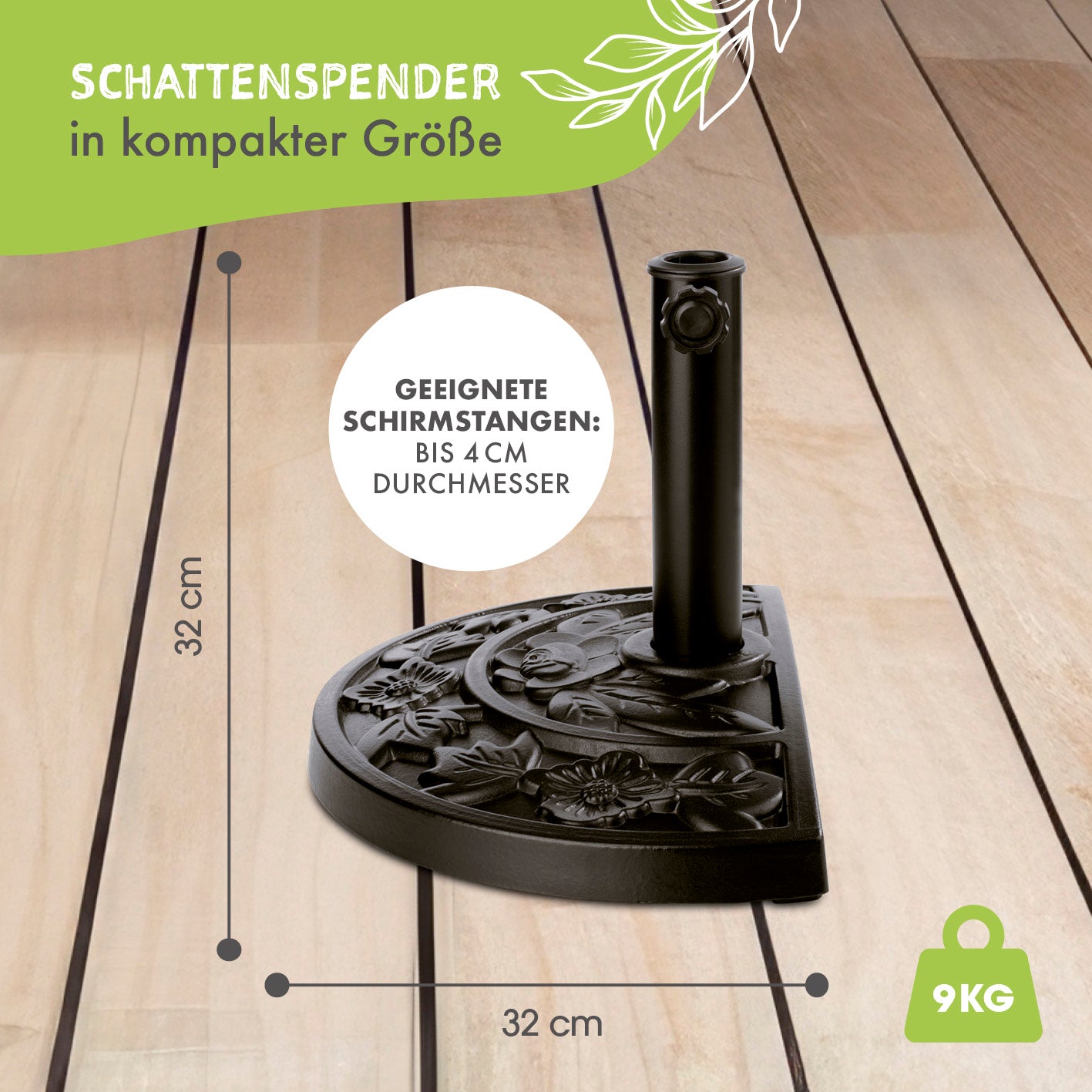 Sonnenschirmfuß Guß-Optik - Schwarz, halbrunder Sockel 32x32 cm, geeignet für Schirmstangen bis 4 cm Durchmesser.