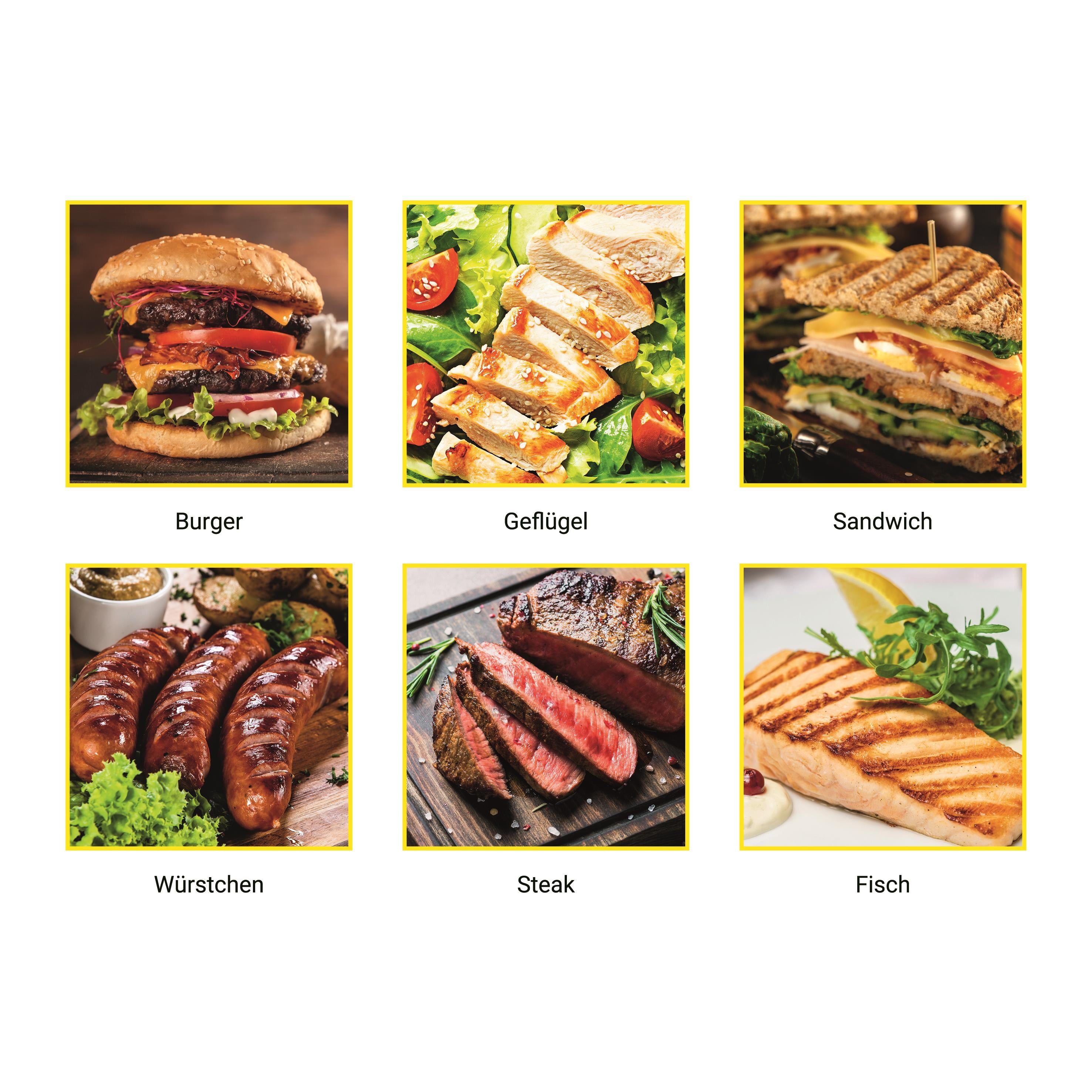 Digital-Kontakt-Grill Midnight Edition mit 2000W und Touch-Display zeigt gegrillte Speisen wie Burger, Steak, Fisch und Würstchen.
