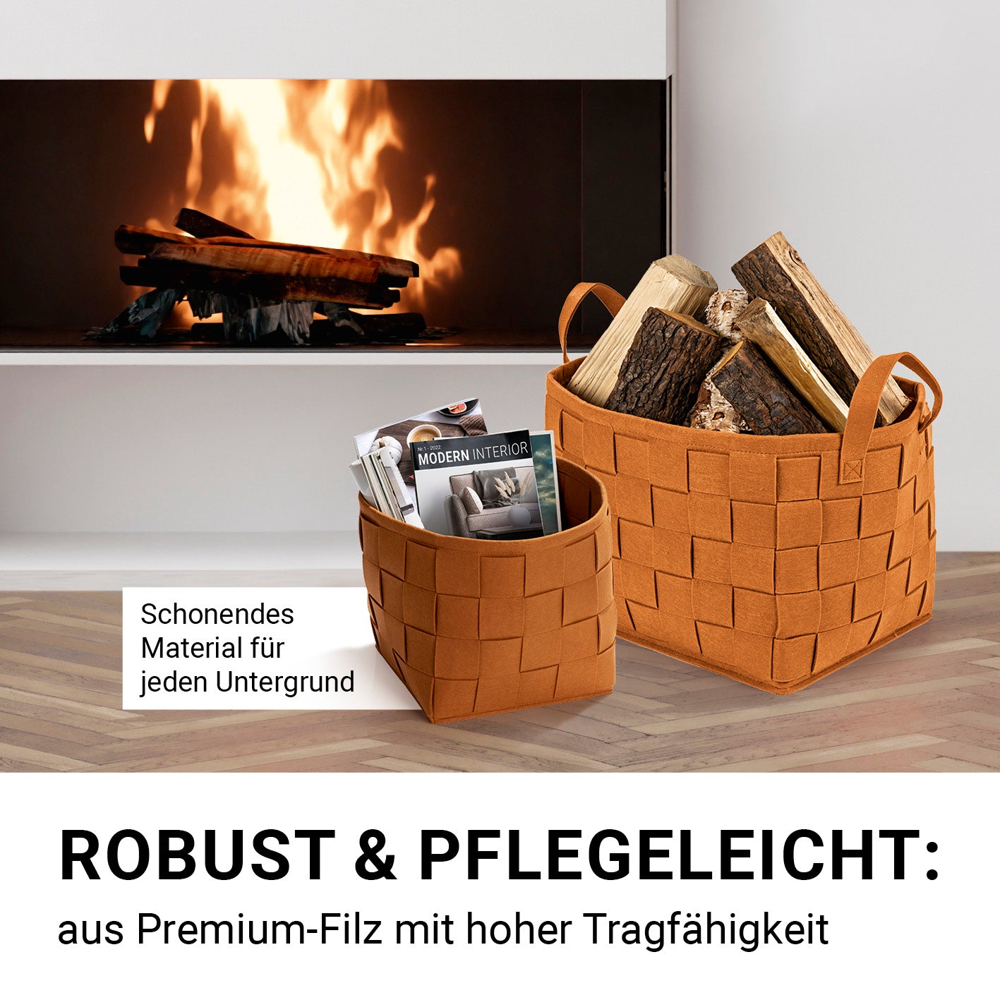 Filz-Aufbewahrungstasche L - 40 x 30 x 30 cm - Rost, faltbarer, strapazierfähiger Filzkorb mit Tragegriffen für vielseitige Nutzung im Haushalt.