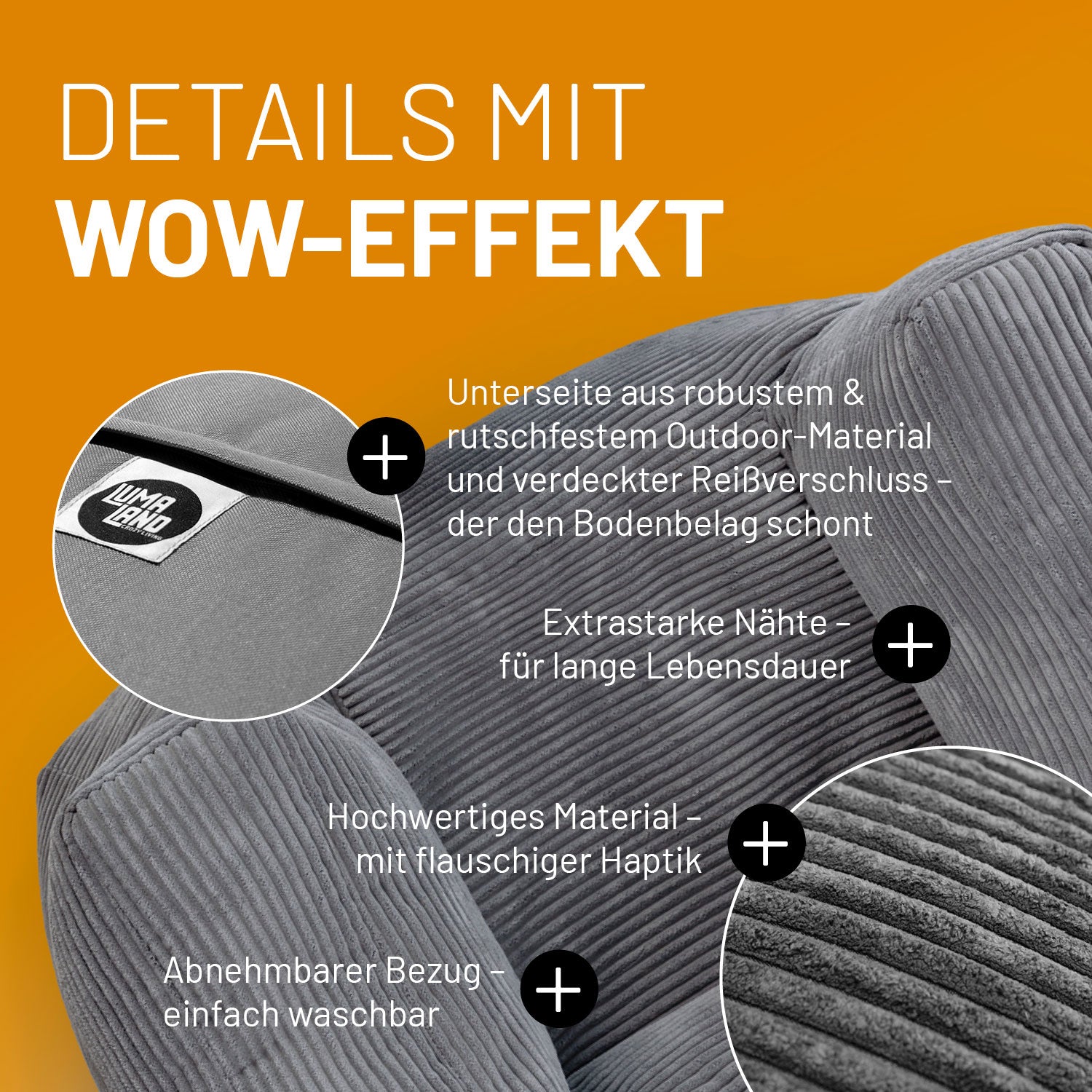 Modularer Sessel aus der Cord-Reihe - Grau mit robustem Outdoor-Boden, waschbarem Bezug und hochwertigem, geripptem Polstermaterial.