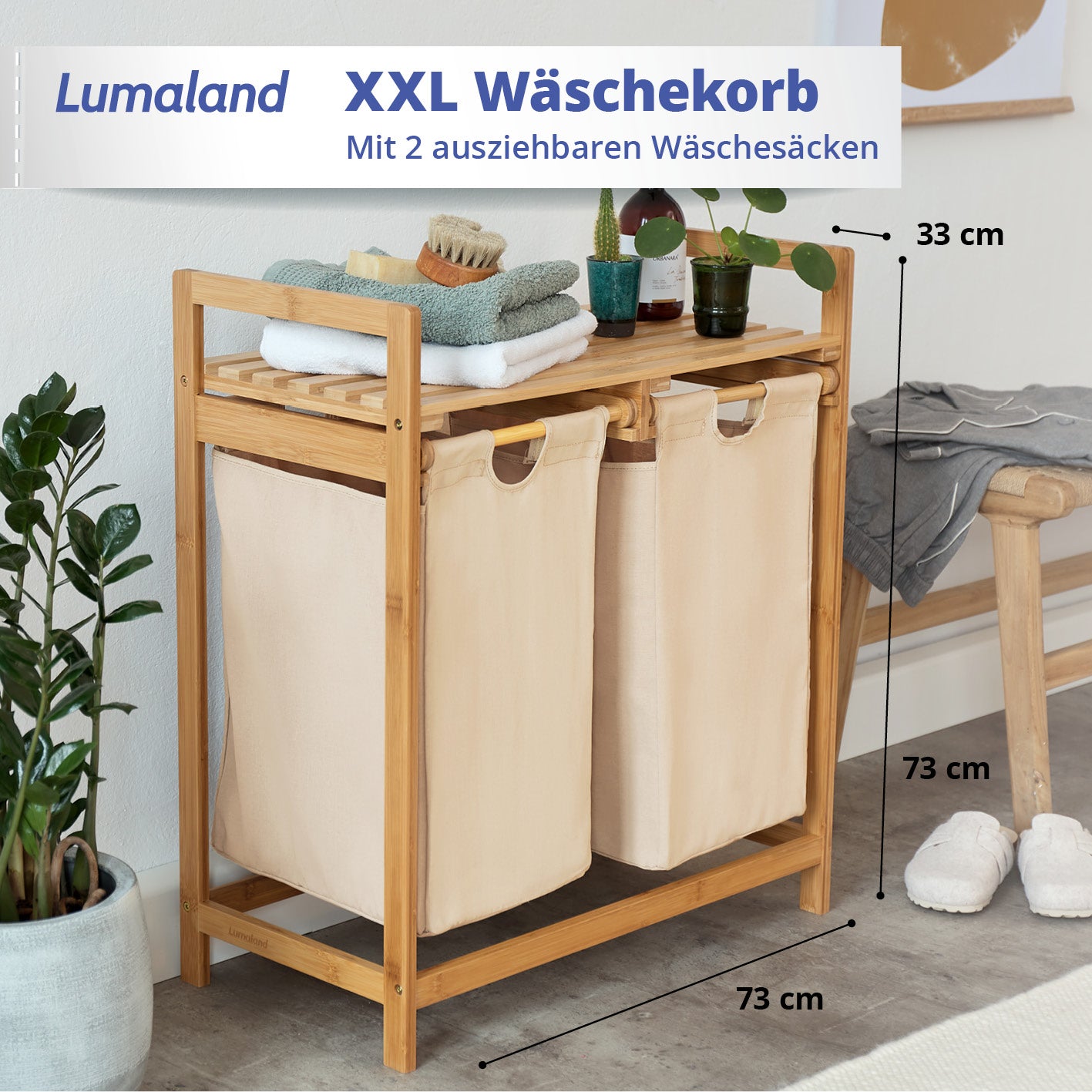 Bambus Wäschekorb mit 2 ausziehbaren Wäschesäcken, 73 x 64 x 33 cm, beige, stilvoll und pflegeleicht für mehr Ordnung.