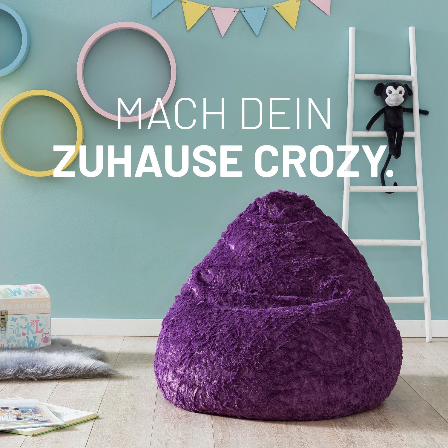 Luxury Fluffy Sitzsack (120 L) - indoor - Lila aus weichem Webplüsch, formanpassend und robust für modernes Wohnen.