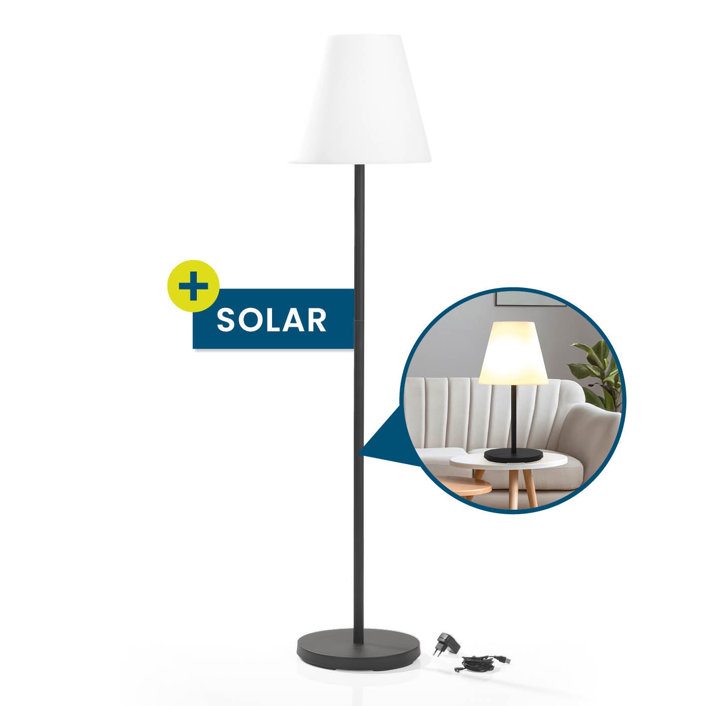 Solar-Stehlampe - 3-fach höhenverstellbar - 3 Helligkeitsstufen, modern, kabellos, warmweißes Licht, für Innen und Außen geeignet.