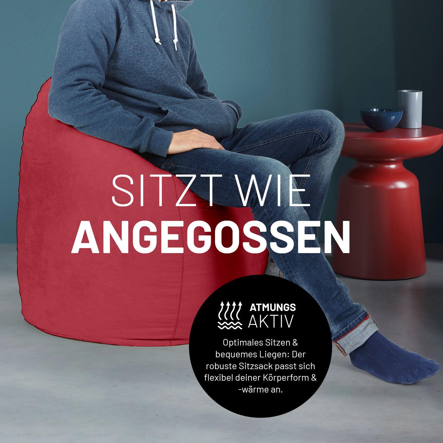 Luxury XL PLUS Sitzsack (220 L) Rot aus atmungsaktivem Material mit flexibler EPS-Füllung für optimalen Sitzkomfort indoor.