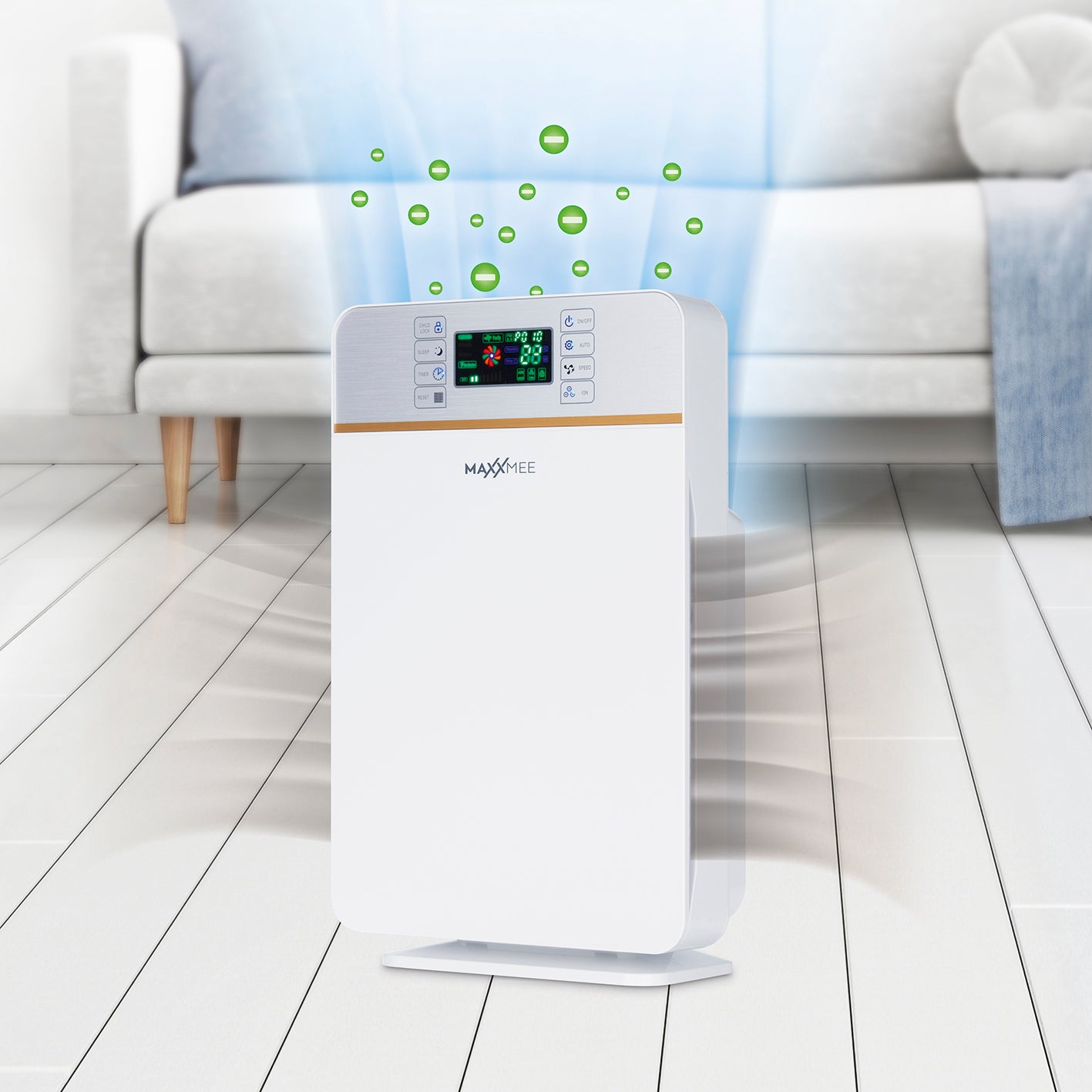Digitaler-Luftreiniger mit 6-Stufen-Filtersystem, Ionisierungsfunktion, 8-Stunden-Timer und leisem Schlafmodus für saubere Raumluft.