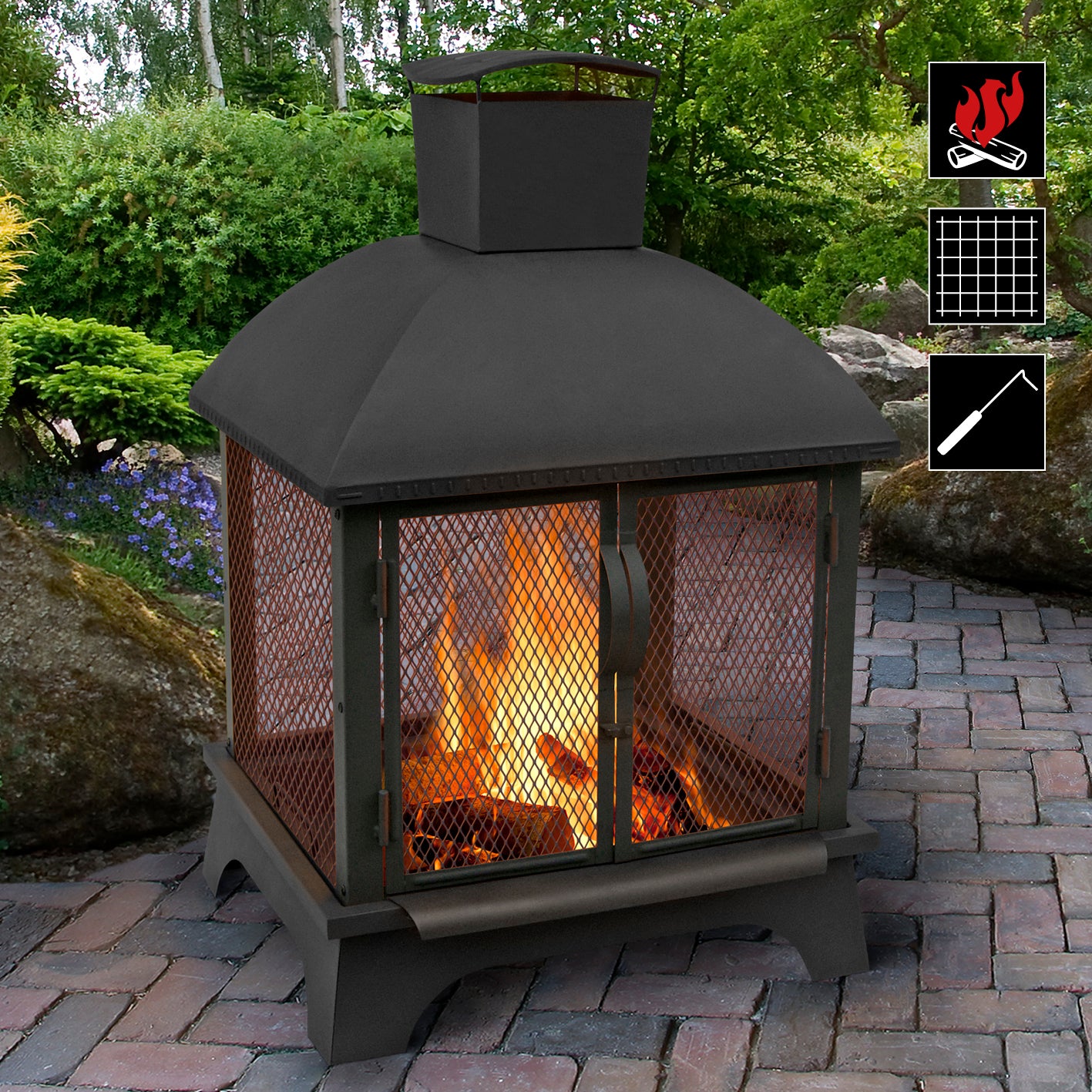 Feuerkorb FP-I-660 - 66 cm - schwarz mit Gitternetz, schwenkbaren Türen und Schornstein für Rauchableitung im Garten.