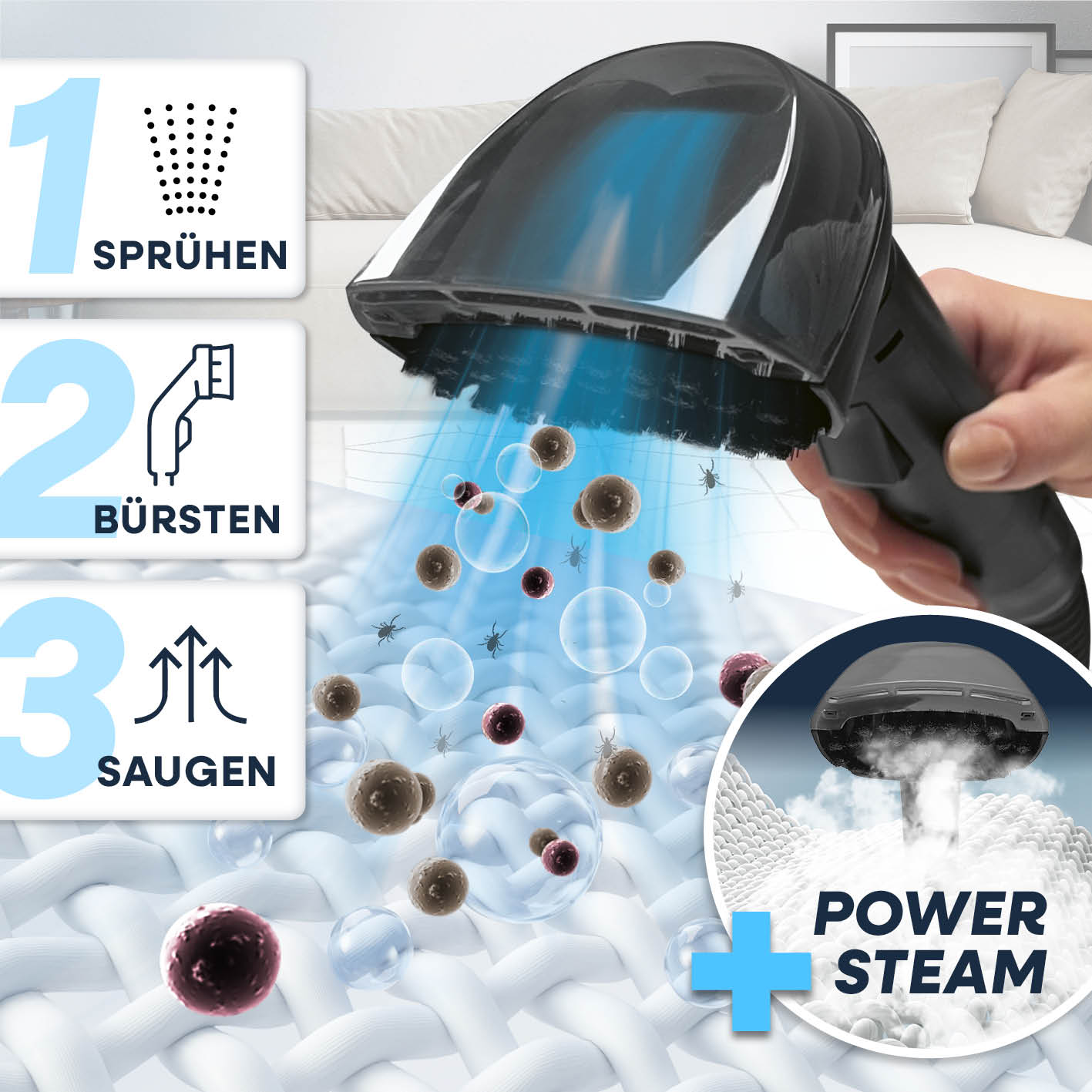 Polster- & Teppichreiniger Pro Steam mit Sprüh-, Bürst- und Saugfunktion sowie Power Steam für gründliche Reinigung und Desinfektion.