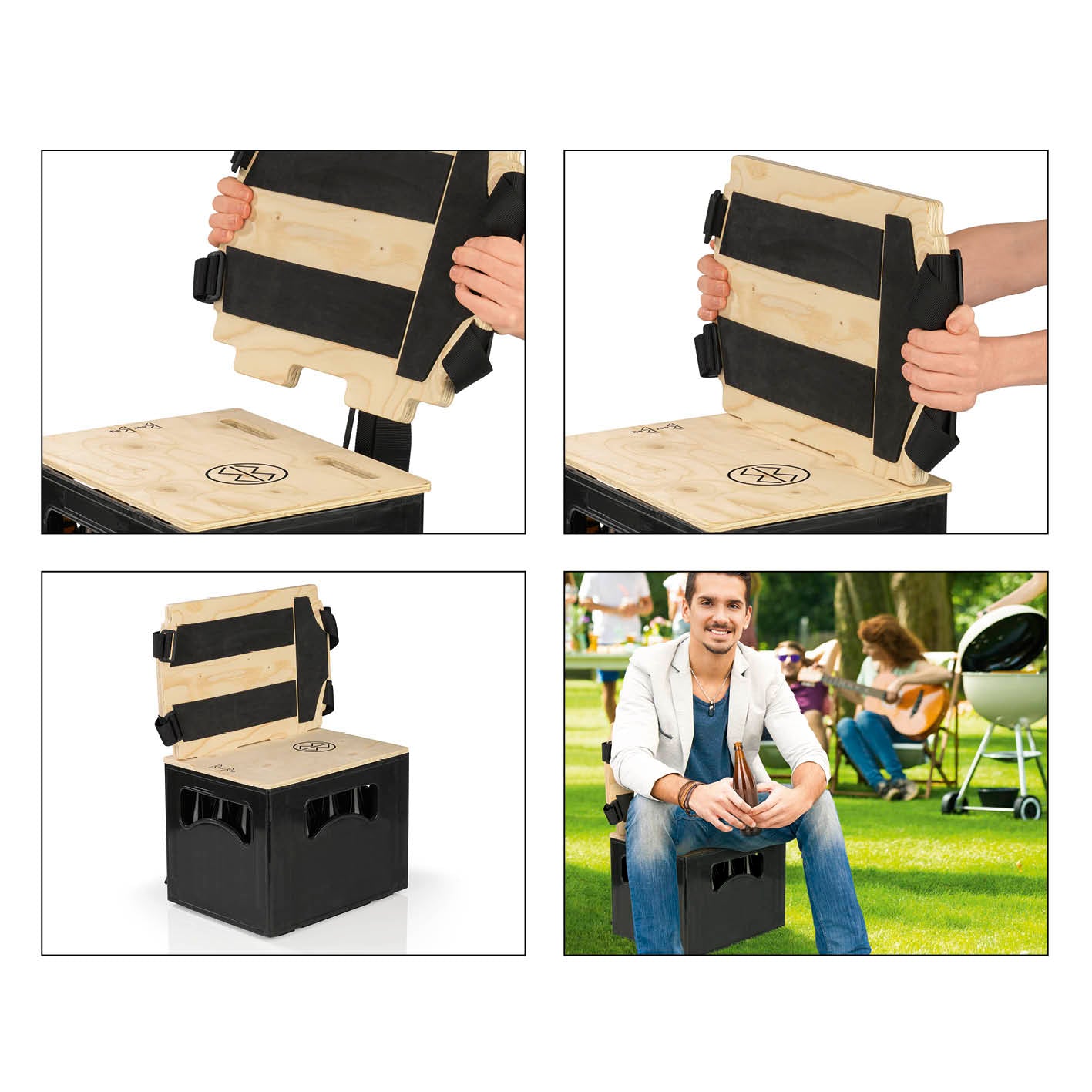 Das clevere Tragesystem für Bierkästen – wandelbar von Bierbox zu bequemen Rucksack und Hocker mit Polsterung und Gurten.