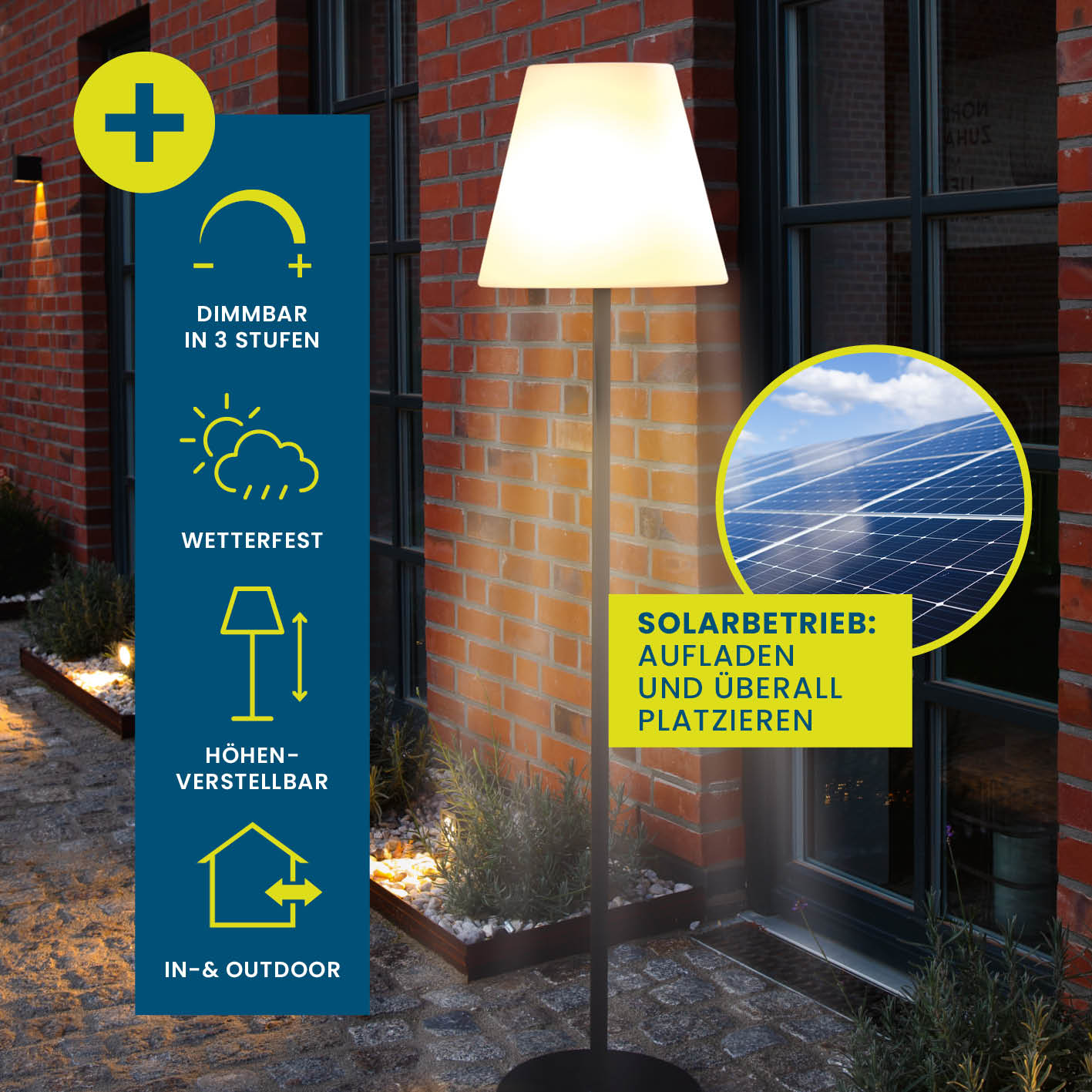 Solar-Stehlampe - 3-fach höhenverstellbar - 3 Helligkeitsstufen, wetterfest, dimmbar und solarbetrieben für Innen- und Außenbereich.