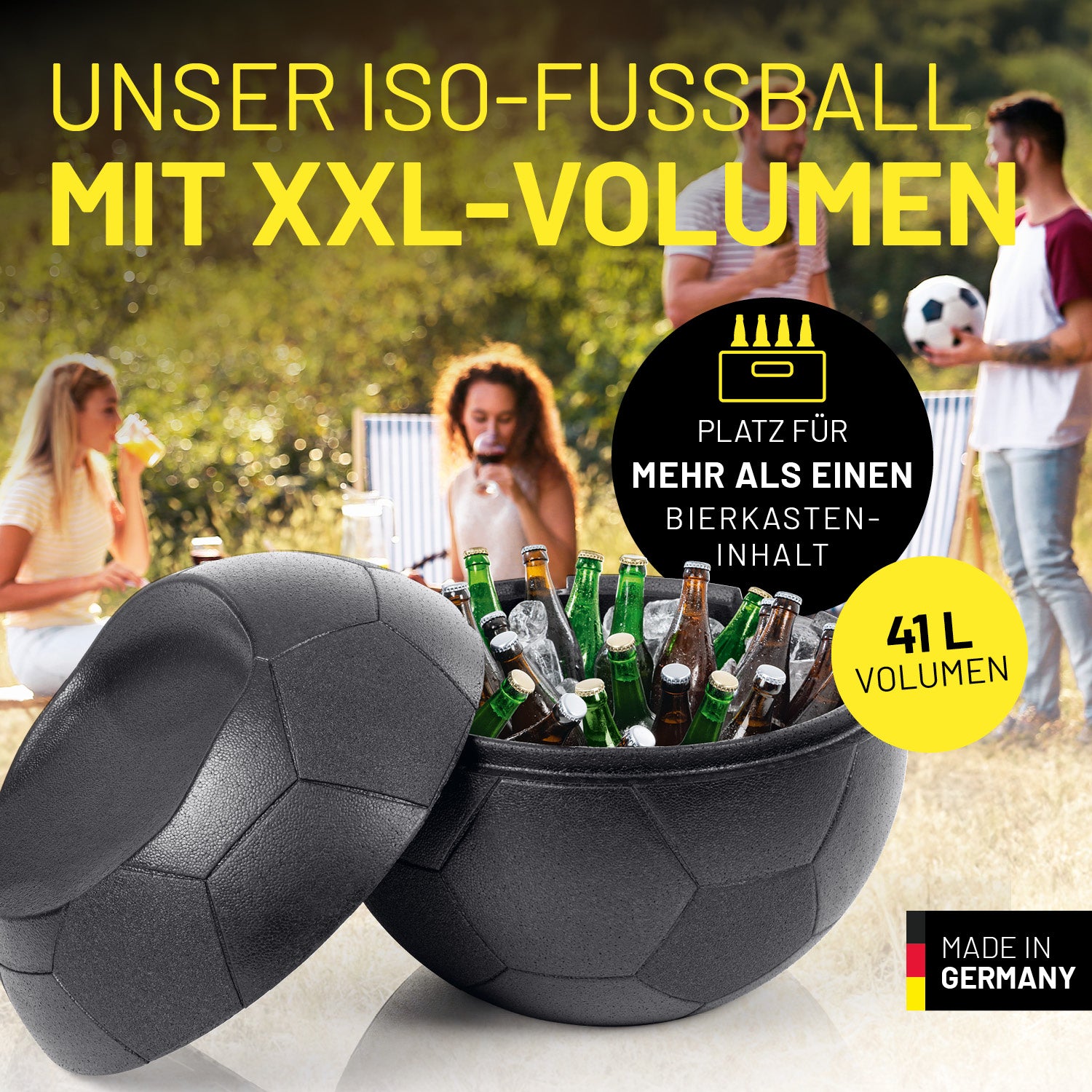 EM 2024 Fußball-Sitz-Kühlbox 41 L mit XXL-Volumen, robust, wetterbeständig, ideal für Bierkasteninhalt, Terrasse und Fußballfans.