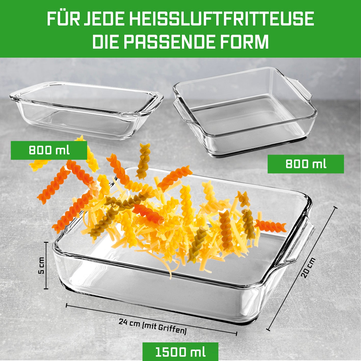 Glas-Auflaufform für Heißluftfritteuse & Backofen 24x20x5 cm 1500 ml aus robustem Borosilikatglas, hitzebeständig und spülmaschinengeeignet.