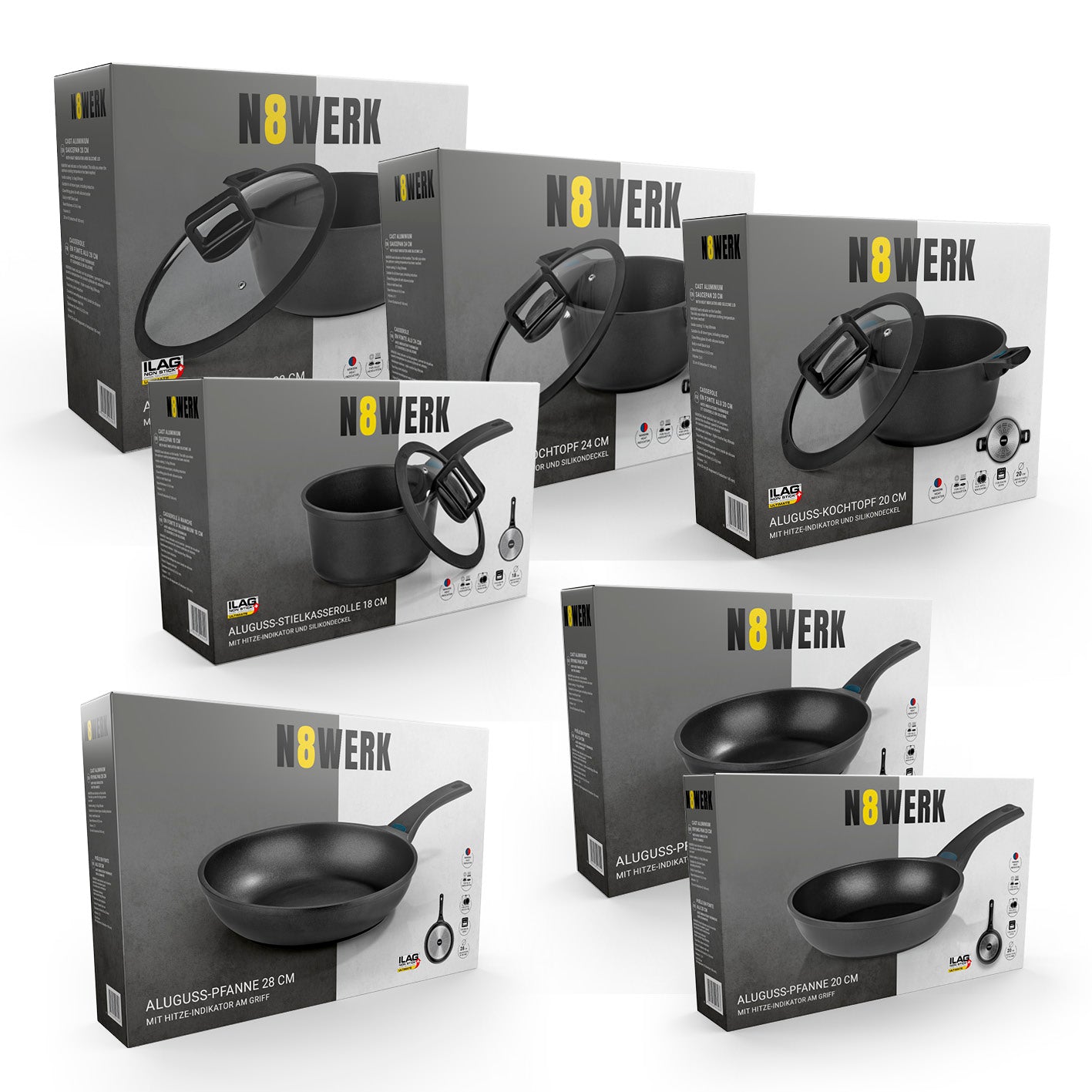 Aluguss-Topf- und Pfannen-Set - 11-teilig mit N8WERK Heat Indicator, Antihaftbeschichtung, für alle Herdarten geeignet.