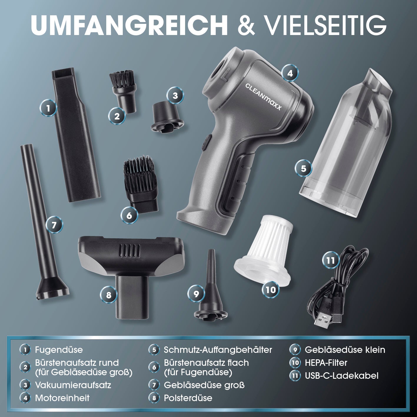 3-in-1-Akkusauger mit vielfältigem Zubehör inklusive Polsterdüse, Gebläsedüsen, Bürsten und USB-Ladekabel von CLEANmaxx.