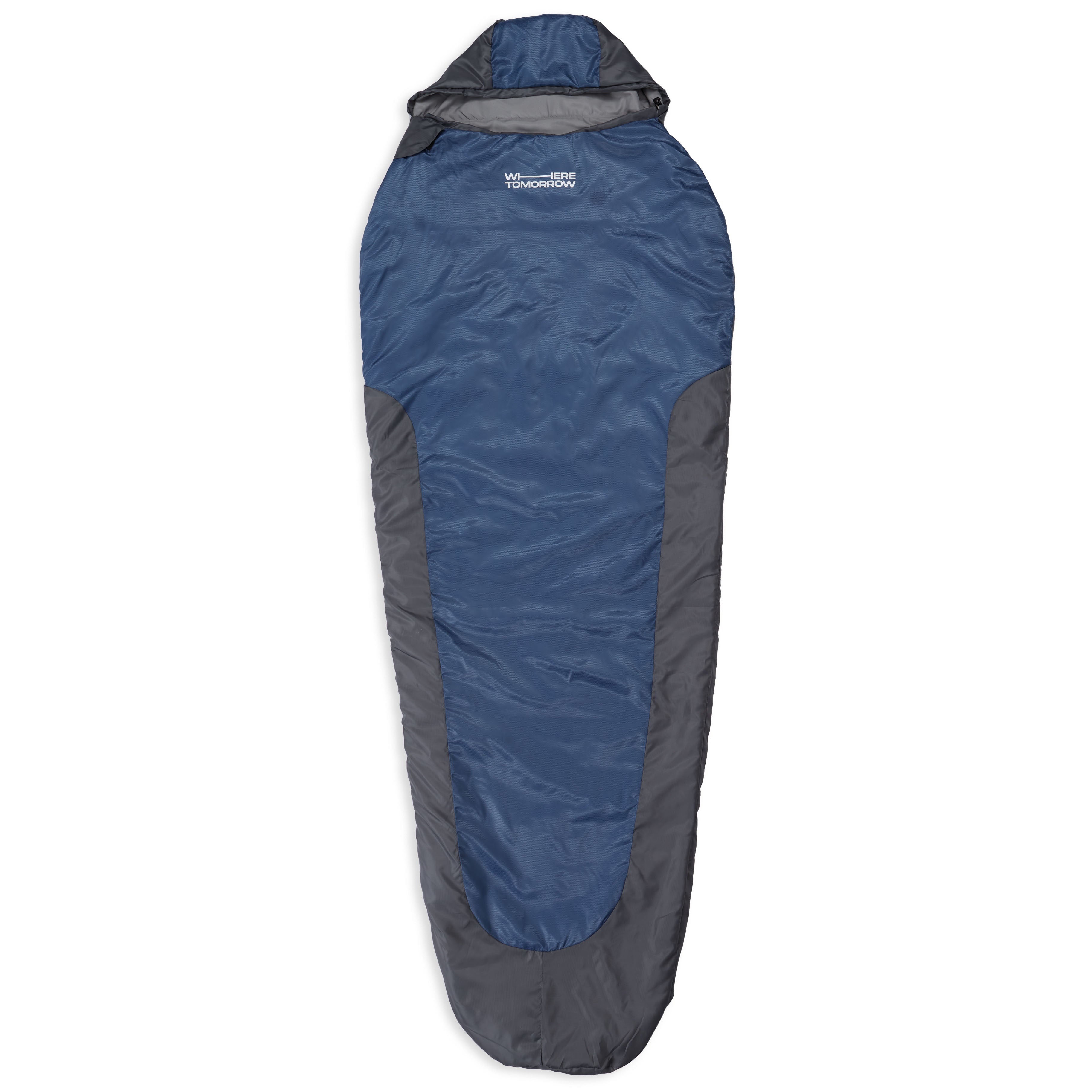 Camping Schlafsack Small & Light Mumienschlafsack grau-navyblau, wasserabweisend, atmungsaktiv, mit Kapuze und Tasche, 220x80x50 cm.