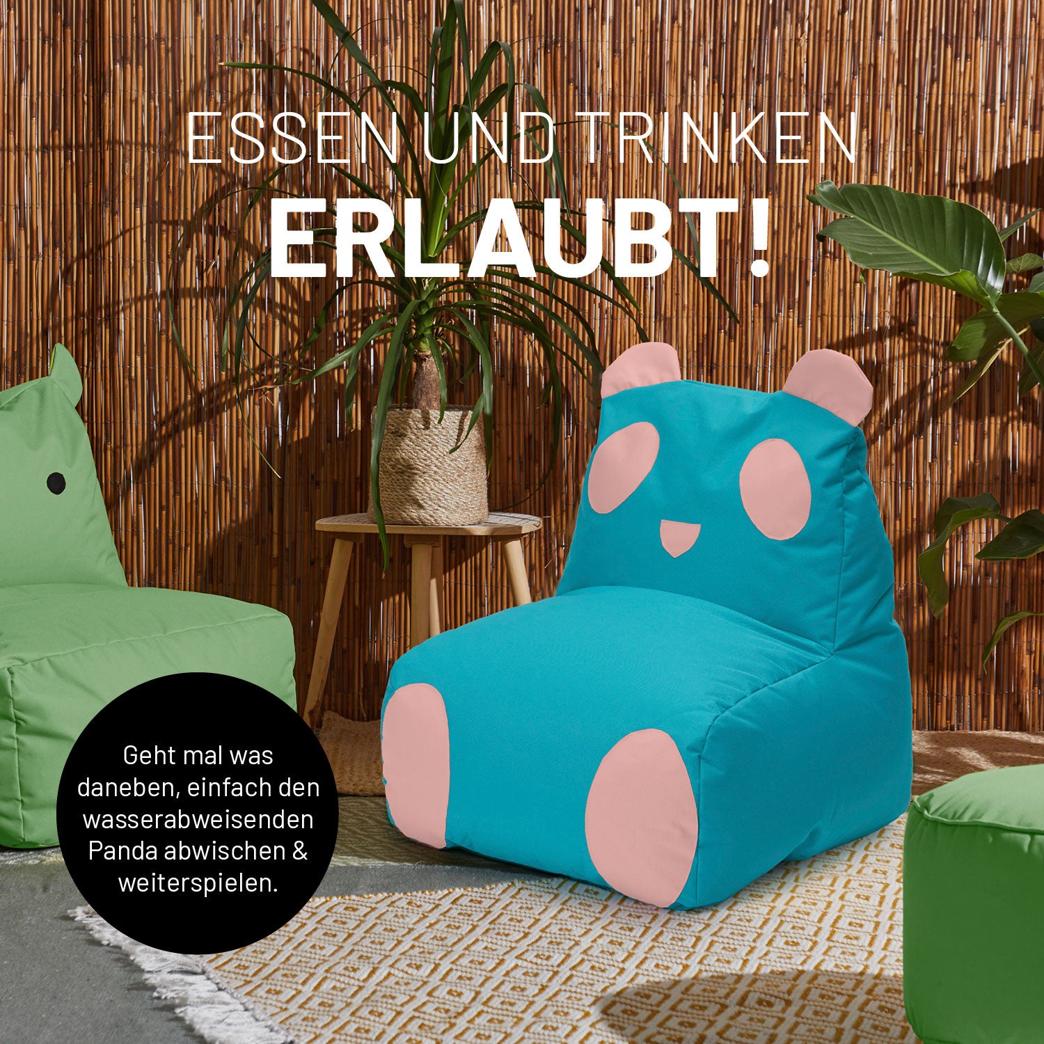 Kindersitzsack Animal Line Panda (180 L) Türkis/Pastell Pink, wasserabweisend, weich, für drinnen und draußen, pflegeleicht und robust.