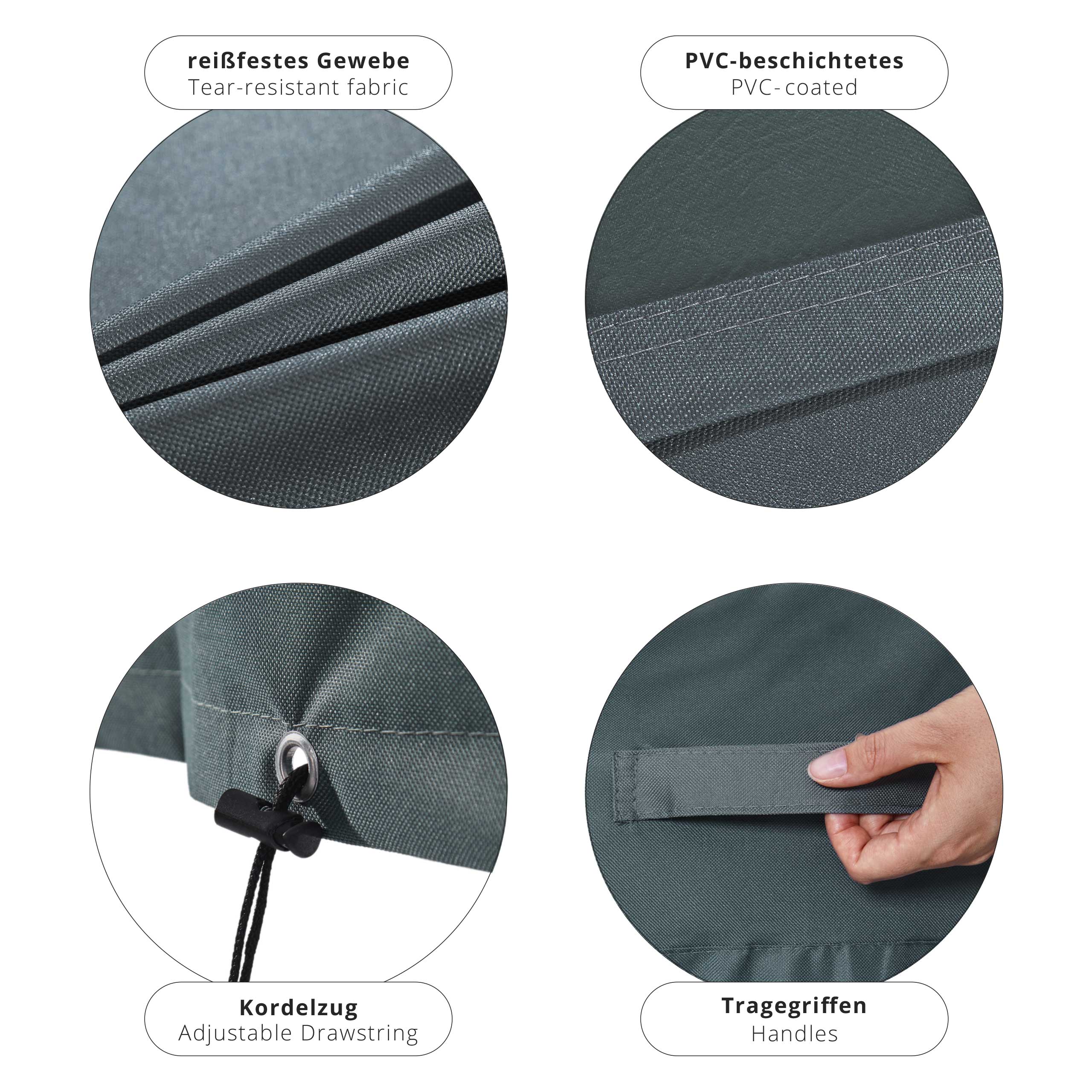 Gartenmöbelabdeckung Grill Abdeckhaube 165x63x125 Grün/Grau mit reißfestem Gewebe, PVC-Beschichtung, Kordelzug und Tragegriffen.