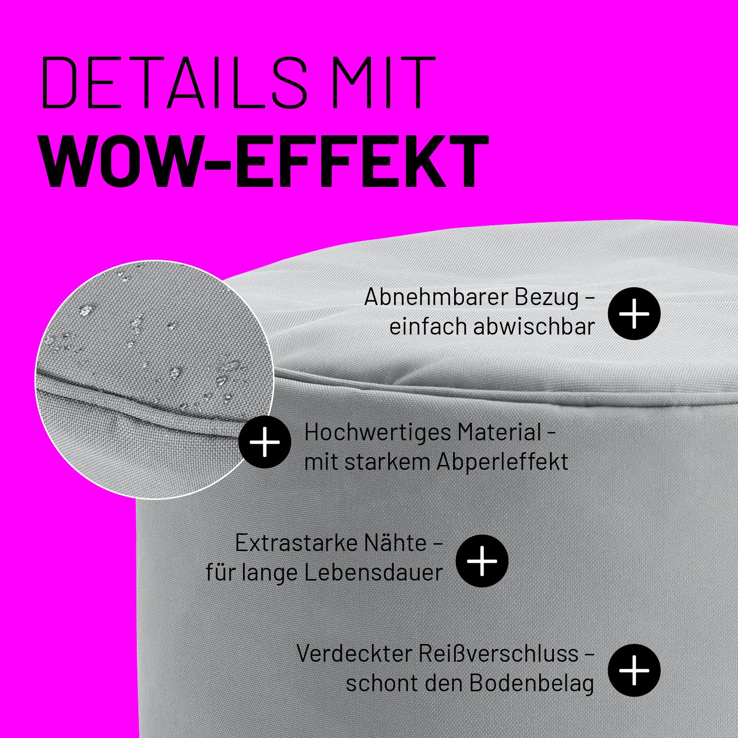 Sitzsack-Hocker/Pouf (50 L) - indoor & outdoor - Silbergrau mit abnehmbarem Bezug, wasserabweisendem Material, extrastarken Nähten und verdecktem Reißverschluss.