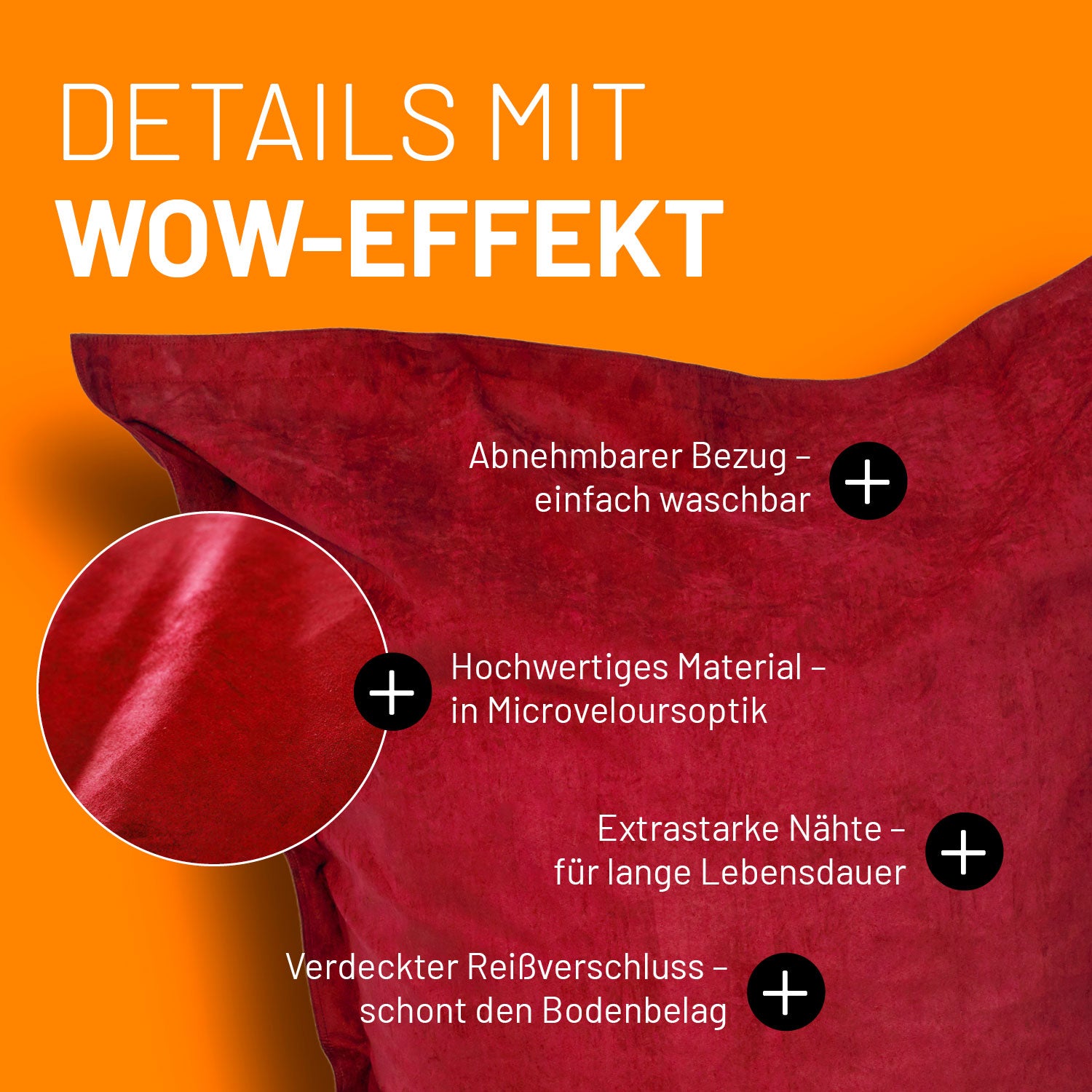XXL Microvelours Sitzsack (380 L) - indoor - Rot mit abnehmbarem Bezug, hochwertigem Material, extrastarken Nähten und verdecktem Reißverschluss.