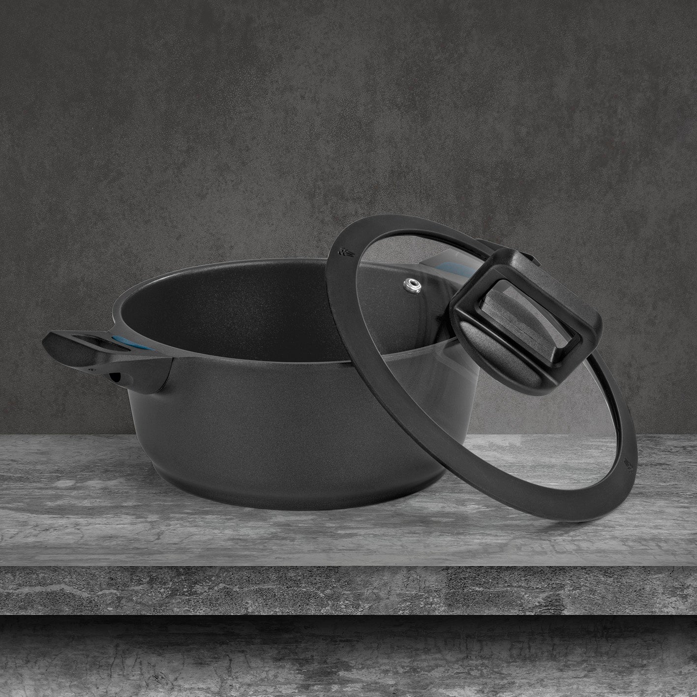 Aluguss-Kochtopf 20 cm - N8WERK Heat Indicator - Midnight Edition mit Glasdeckel und Silikon-Umrandung, für alle Herdarten geeignet.