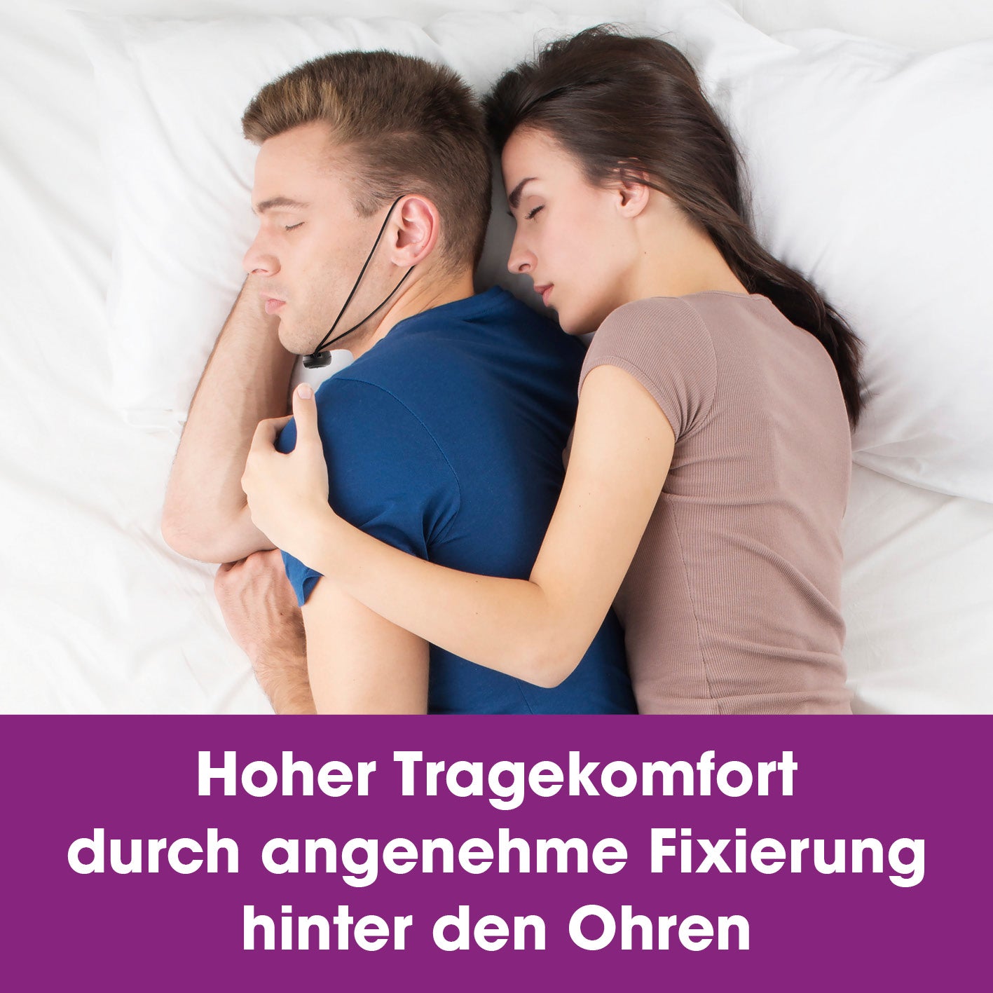 Anti-Schnarch-Gerät - schwarz mit angenehmer Fixierung hinter den Ohren für hohen Tragekomfort beim Schlafen.