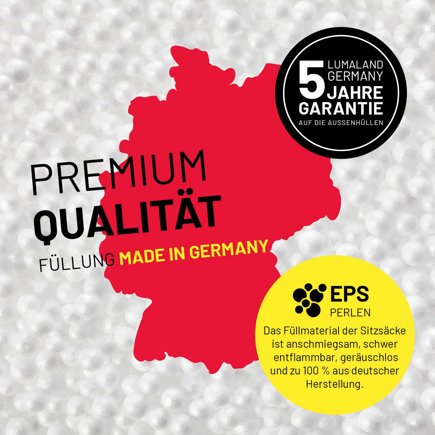 EM 2024 Fan-Lounge 2 + 1 mit 5 Jahre Garantie, Premiumqualität und Füllung aus deutschen EPS-Perlen für Sitzsäcke.