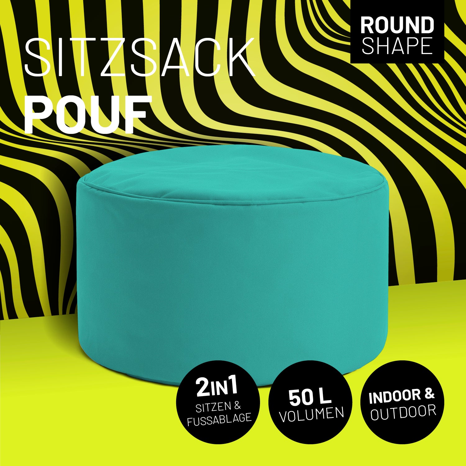 Sitzsack-Hocker/Pouf (50 L) - Türkis, multifunktional für Indoor & Outdoor, leicht, langlebig mit hochwertiger Füllung.