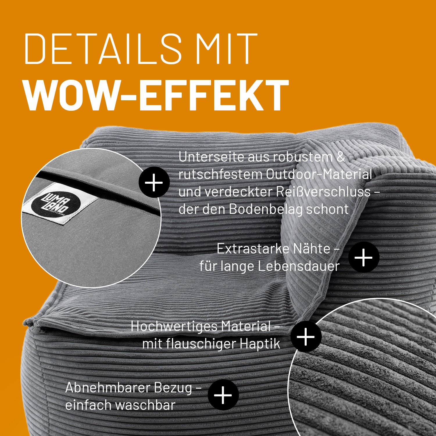 Modulares Eckteil links aus der Cord-Reihe - Grau mit robustem Outdoor-Boden, waschbarem Bezug und hochwertigem, geripptem Material.