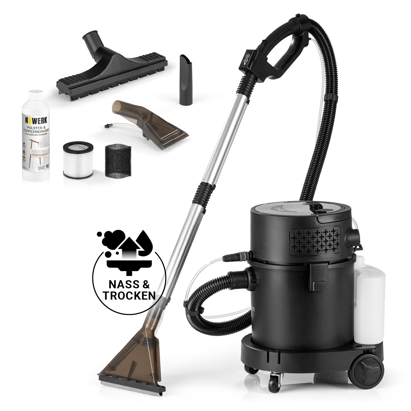 Sprüh- und Waschsauger Deep Clean mit Sprühfunktion, Nass- und Trockenreinigung, 4 Düsen und Reinigungsmittel für vielseitige Reinigung.