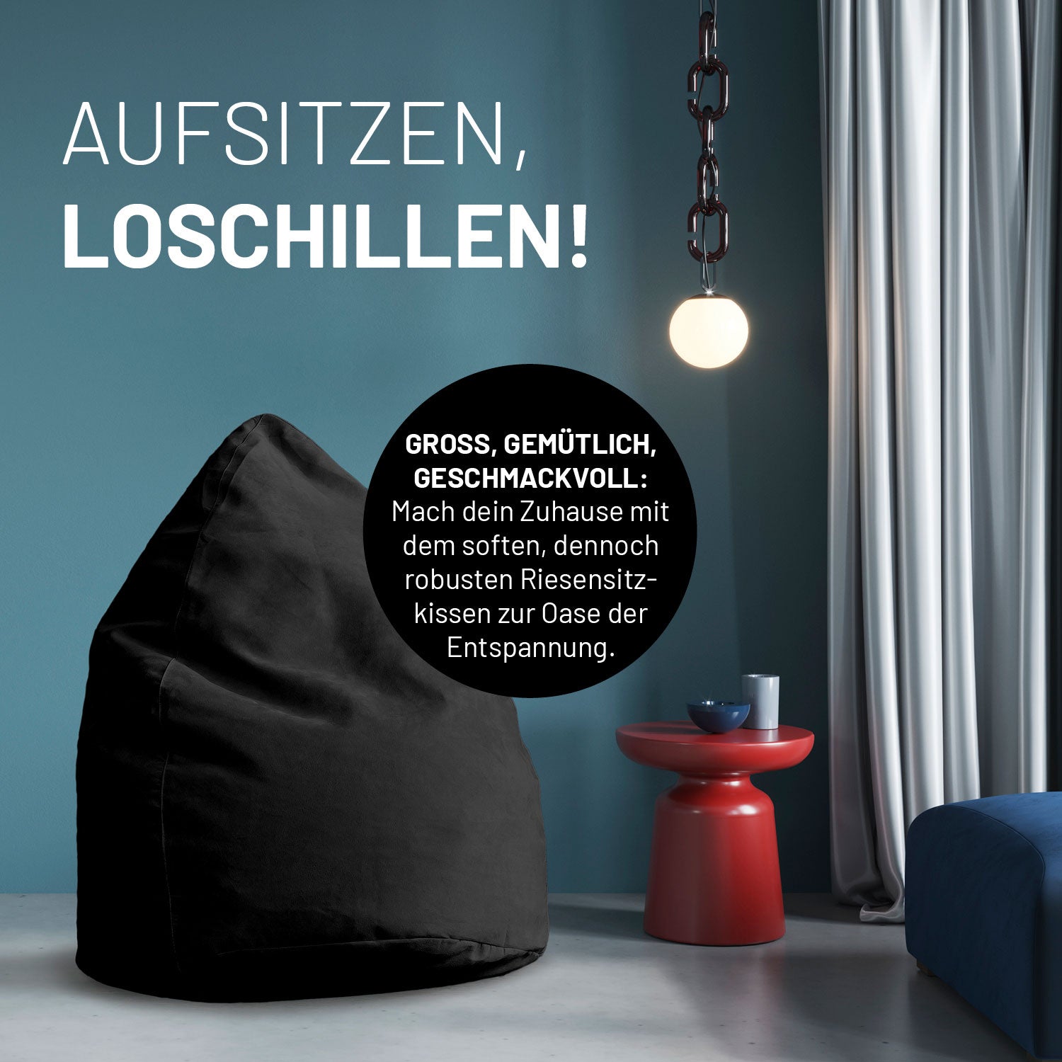 Luxury XL PLUS Sitzsack (220 L) schwarz, großes, bequemes Sitzkissen mit hochwertiger EPS-Füllung für angenehmen Sitzkomfort indoor.