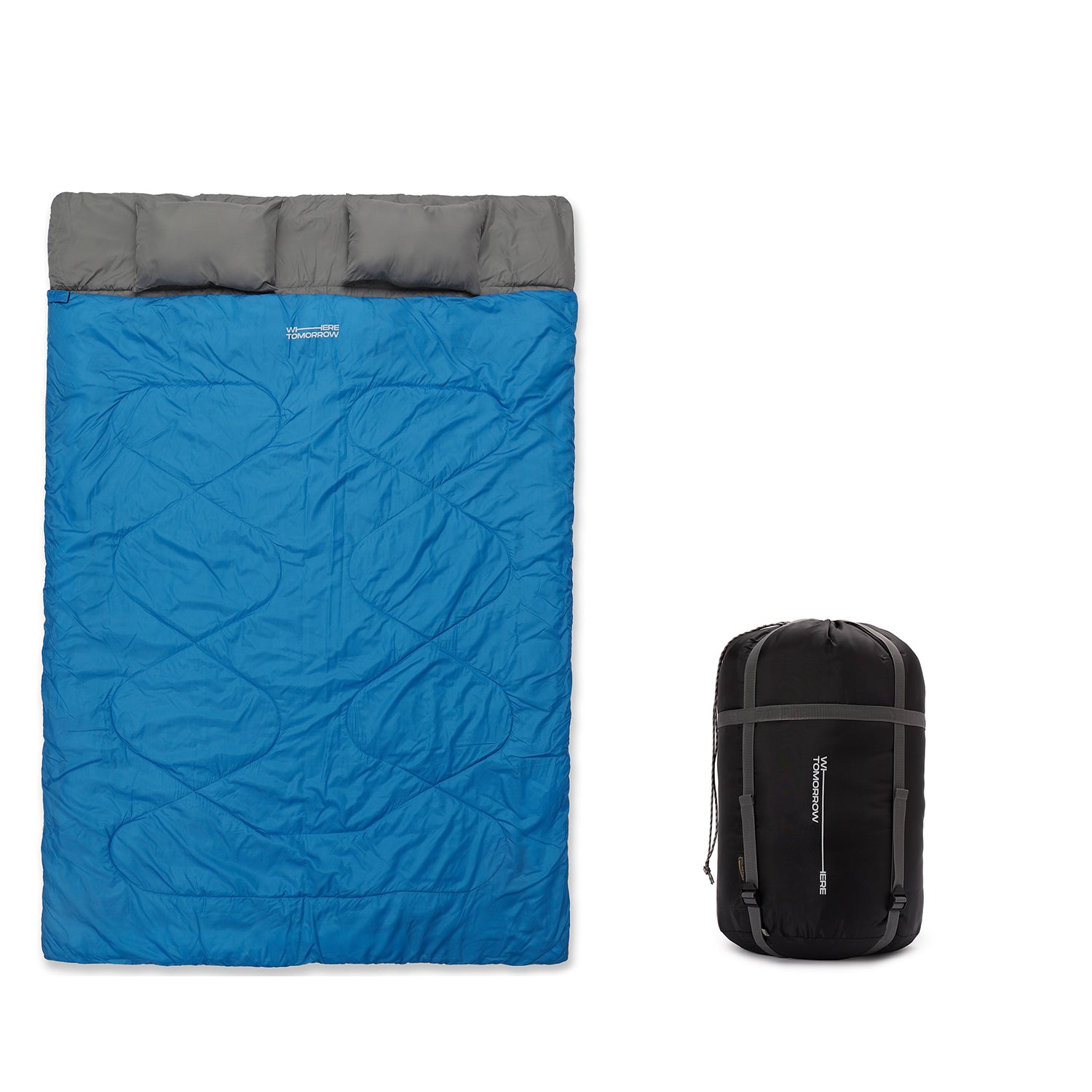 Doppelschlafsack mit Tragetasche - 2-Personen Schlafsack 190 x 150 cm Royalblau, wasserabweisend, inkl. Kissenfach, kompakt verstaubar.