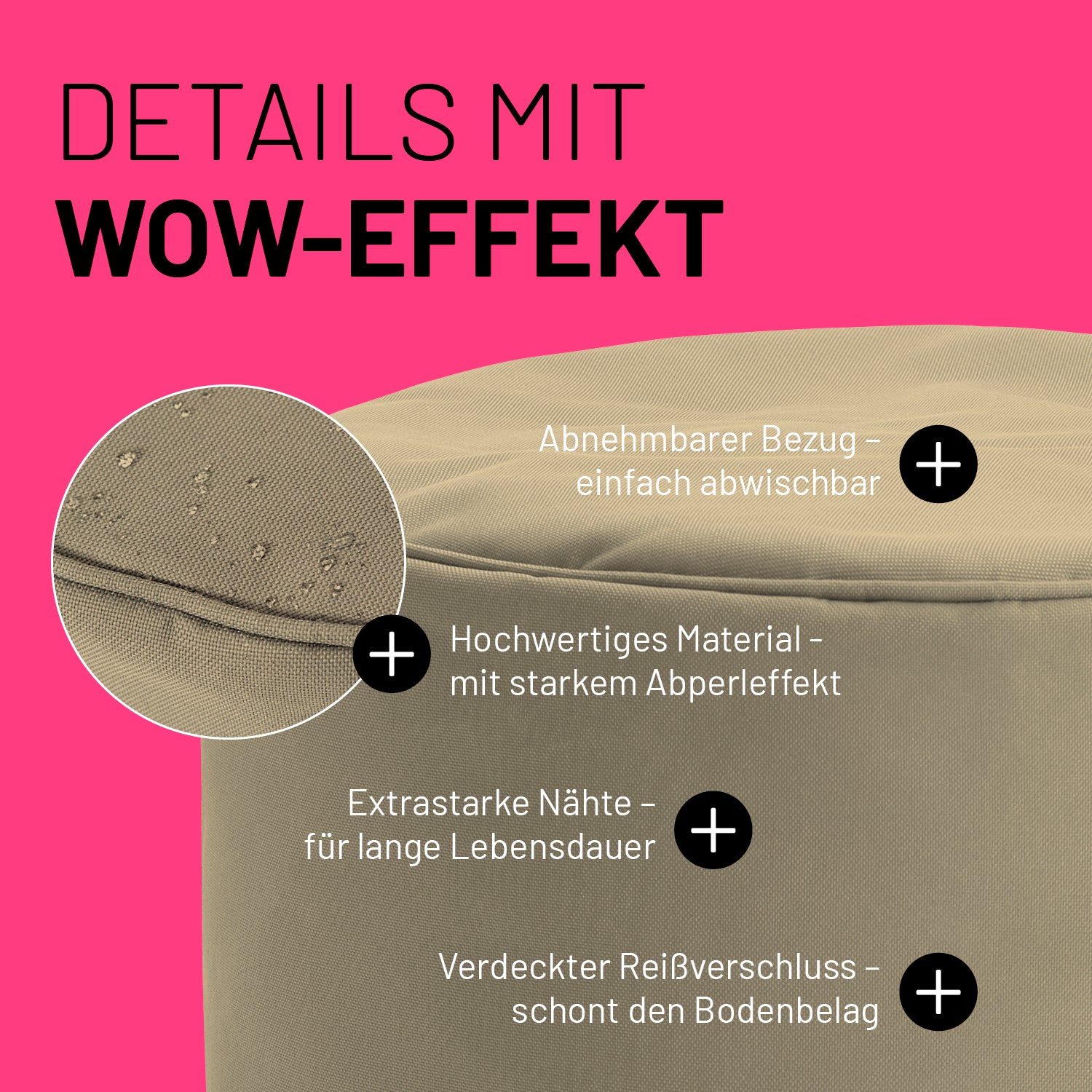 Sitzsack-Hocker/Pouf (50 L) beige, abnehmbar, pflegeleicht, wasserabweisend, extrastarke Nähte, verdeckter Reißverschluss, indoor & outdoor geeignet.