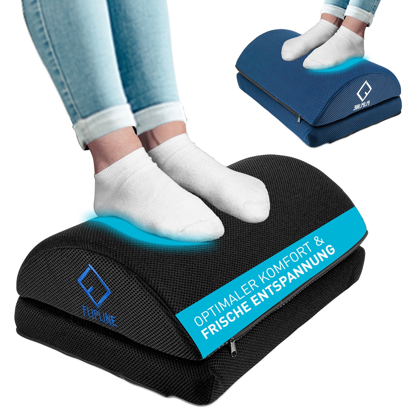 Schreibtisch-Fußstütze Mesh - Schwarz mit ergonomischem Design und weich abnehmbarem Netzbezug für Komfort und Entspannung im Büro und Zuhause.