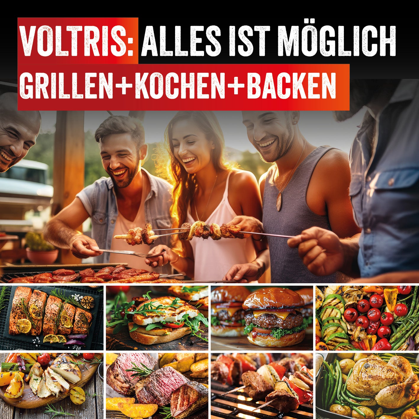 VOLTRIS Elektro-Grillwagen - Edelstahl mit vielseitigen Grillmöglichkeiten für bis zu 6 Personen, große Grillfläche und 2 separate Zonen.