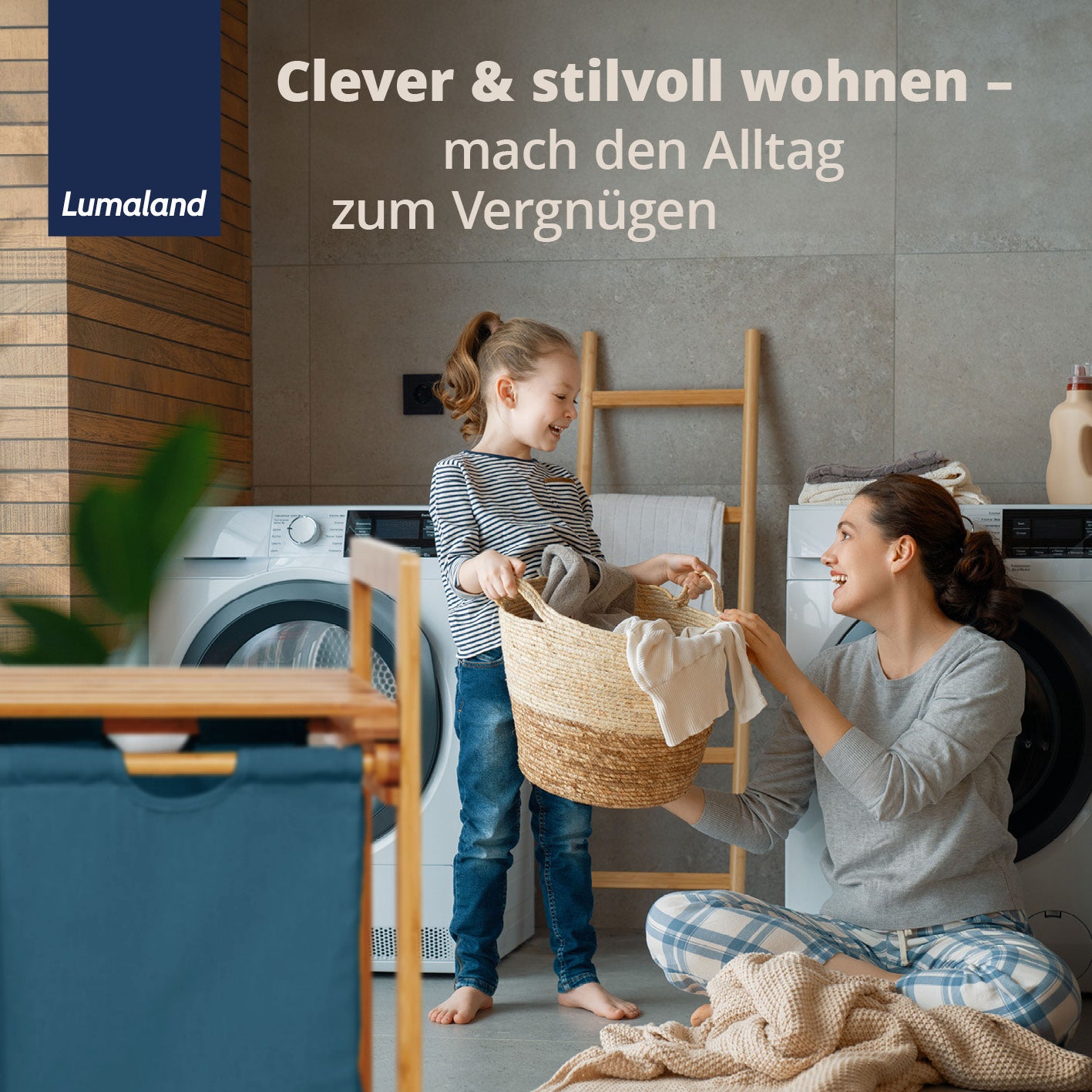 Bambus Wäschekorb mit 2 ausziehbaren Wäschesacken - 73 x 64 x 33 cm - Blau