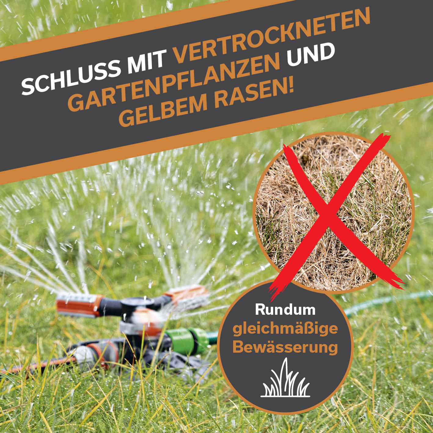 360°-Gartensprinkler - 2er-Set mit 3 rotierenden Sprüharmen für gleichmäßige Bewässerung großer Flächen bis zu 150 m².